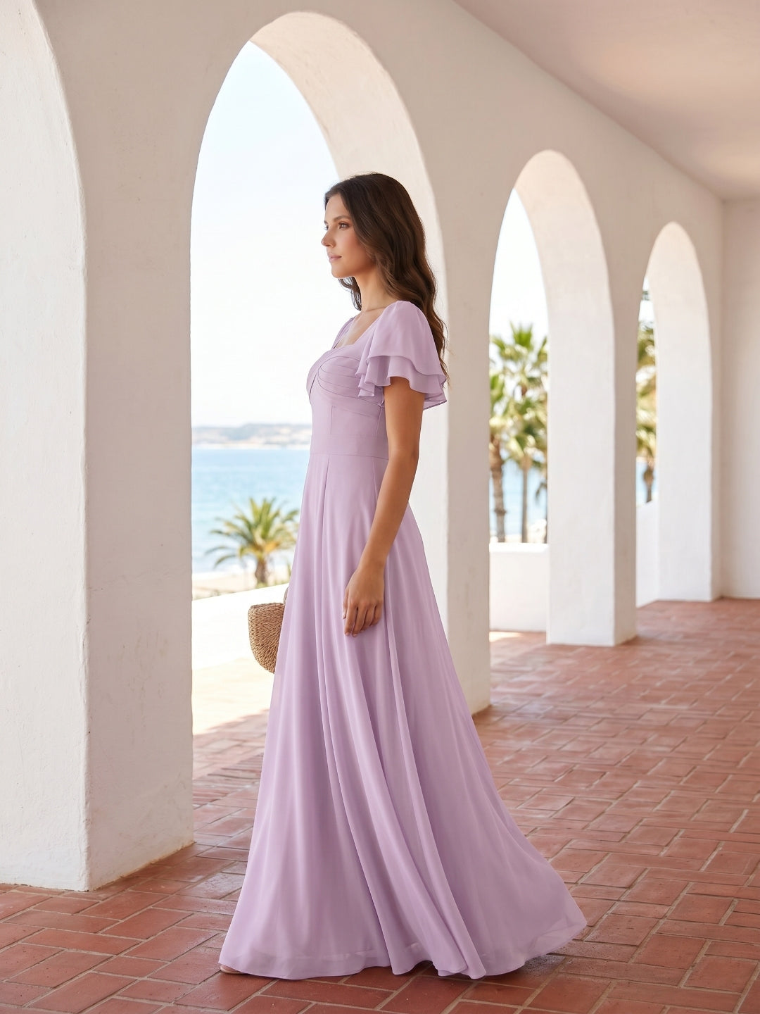 Lilac Chiffon A-Line Square Neck Back Zip Floor-Length Bridesmaid Dress