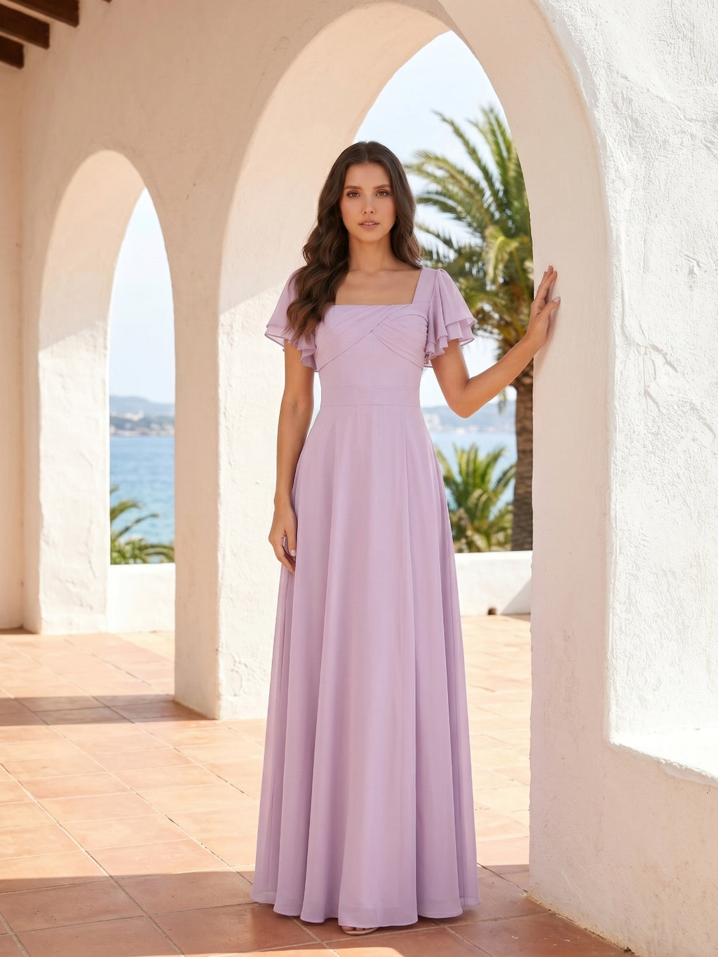 Lilac Chiffon A-Line Square Neck Back Zip Floor-Length Bridesmaid Dress