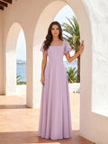 Lilac Chiffon A-Line Square Neck Back Zip Floor-Length Bridesmaid Dress