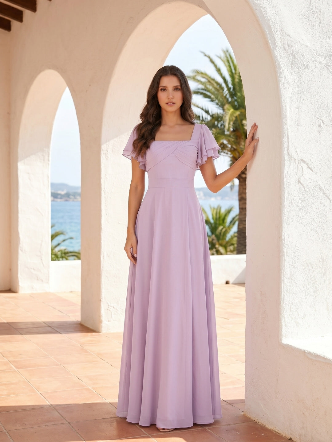 Lilac Chiffon A-Line Square Neck Back Zip Floor-Length Bridesmaid Dress
