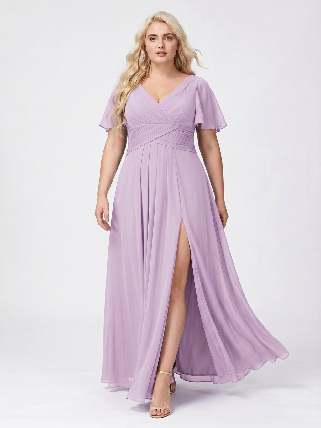 Lilac Chiffon A-Line V-Neck Back Zip Floor-Length Bridesmaid Dress