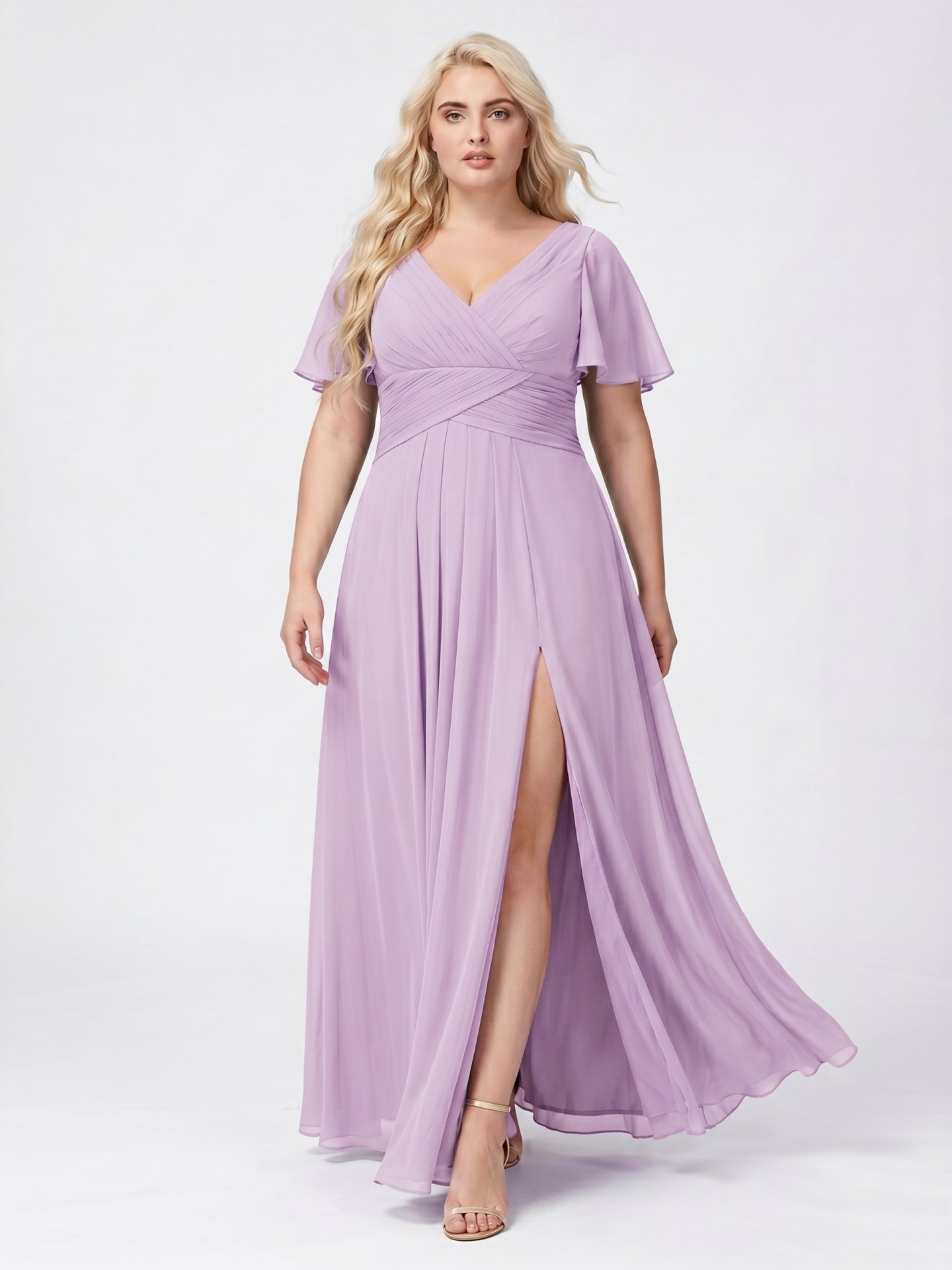Lilac Chiffon A-Line V-Neck Back Zip Floor-Length Bridesmaid Dress