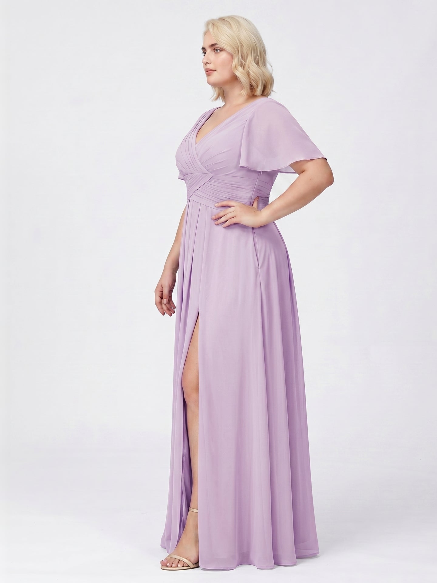 Lilac Chiffon A-Line V-Neck Back Zip Floor-Length Bridesmaid Dress