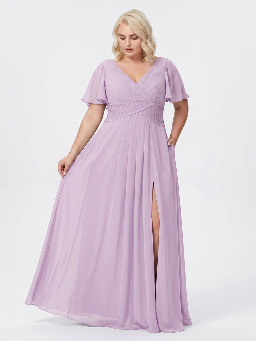 Lilac Chiffon A-Line V-Neck Back Zip Floor-Length Bridesmaid Dress