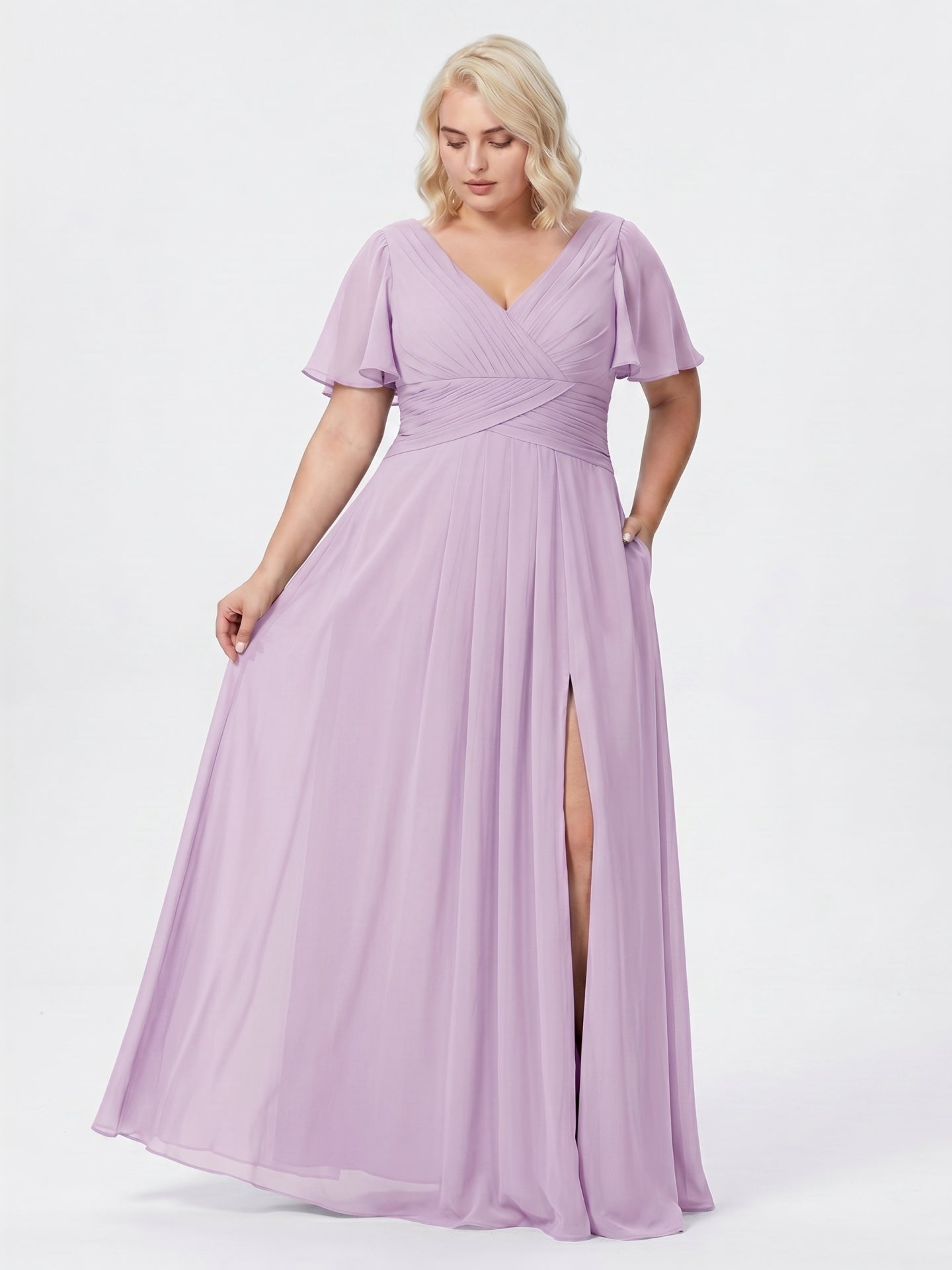 Lilac Chiffon A-Line V-Neck Back Zip Floor-Length Bridesmaid Dress