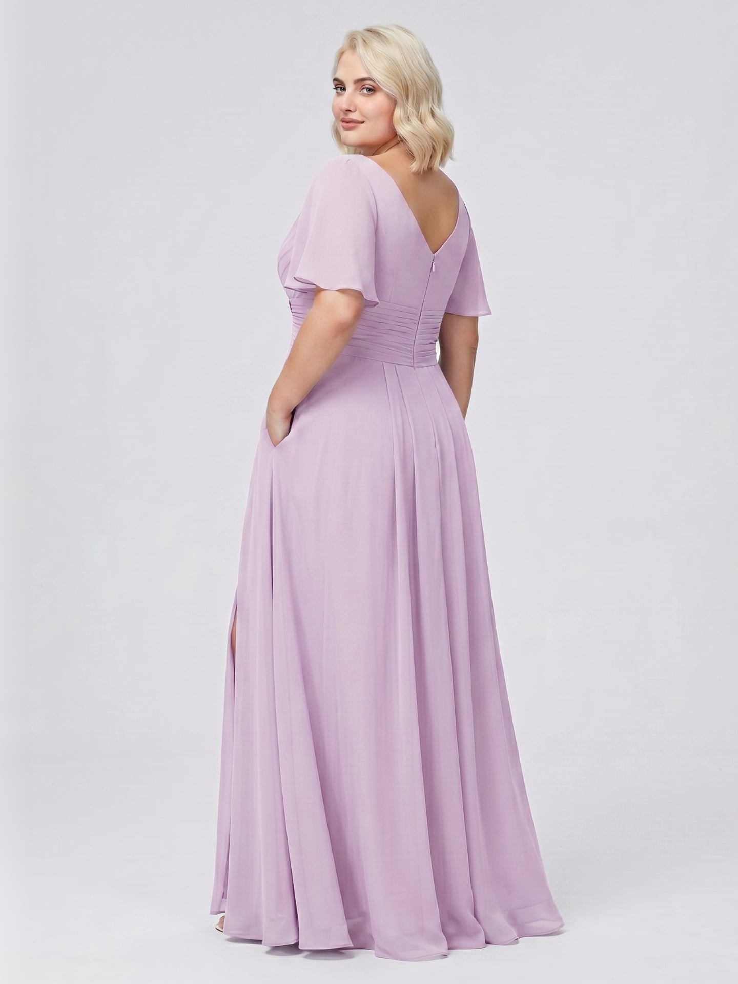 Lilac Chiffon A-Line V-Neck Back Zip Floor-Length Bridesmaid Dress