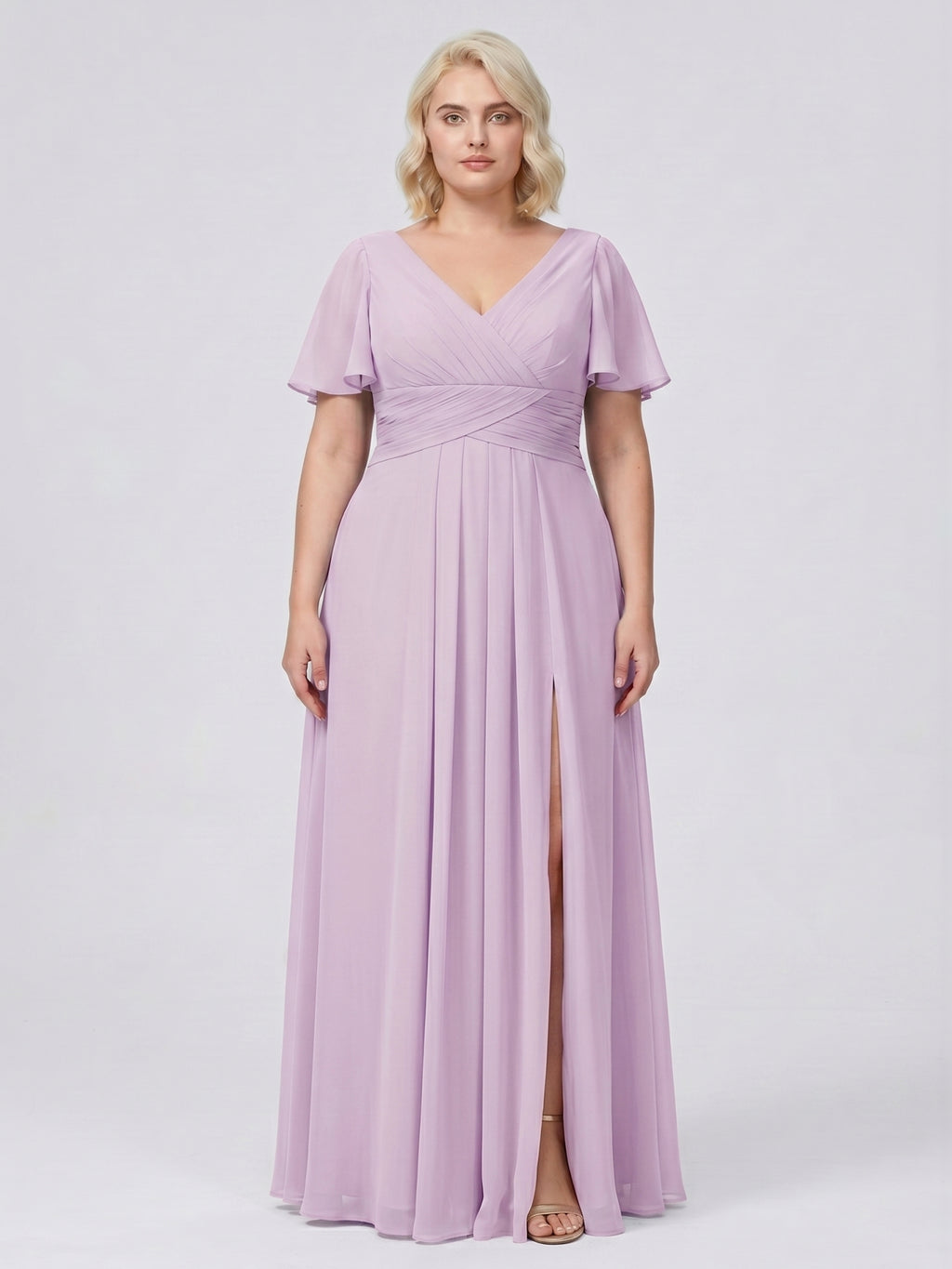 Lilac Chiffon A-Line V-Neck Back Zip Floor-Length Bridesmaid Dress