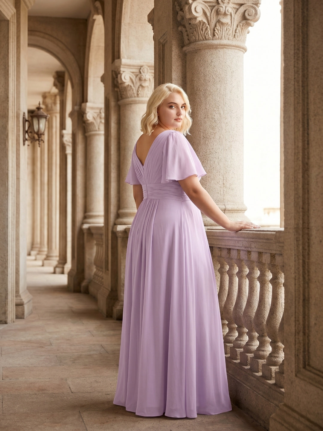 Lilac Chiffon A-Line V-Neck Back Zip Floor-Length Bridesmaid Dress