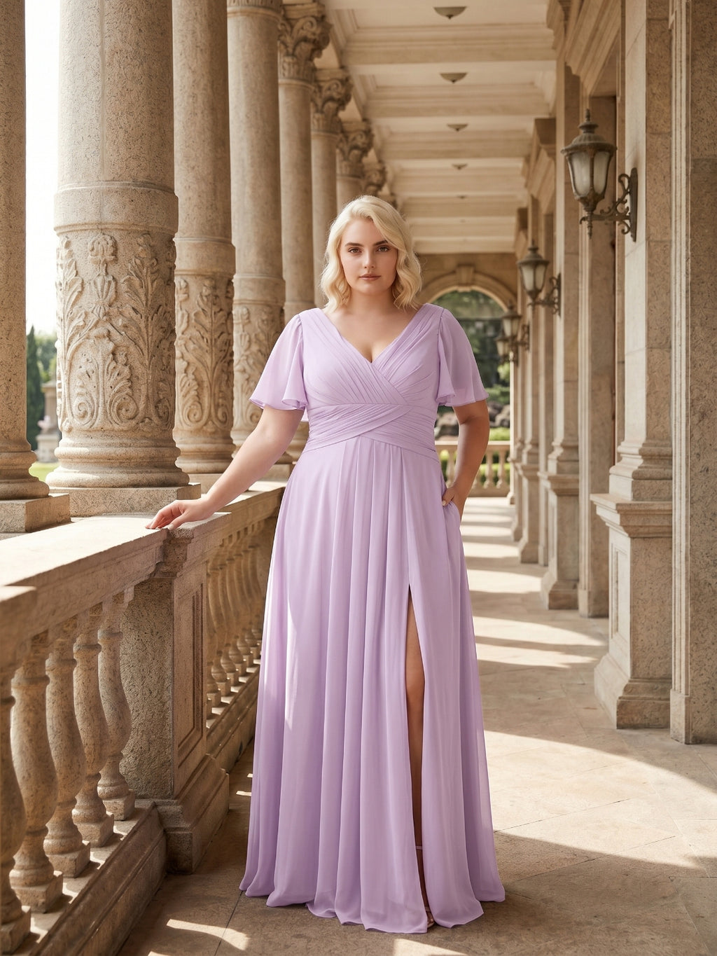Lilac Chiffon A-Line V-Neck Back Zip Floor-Length Bridesmaid Dress