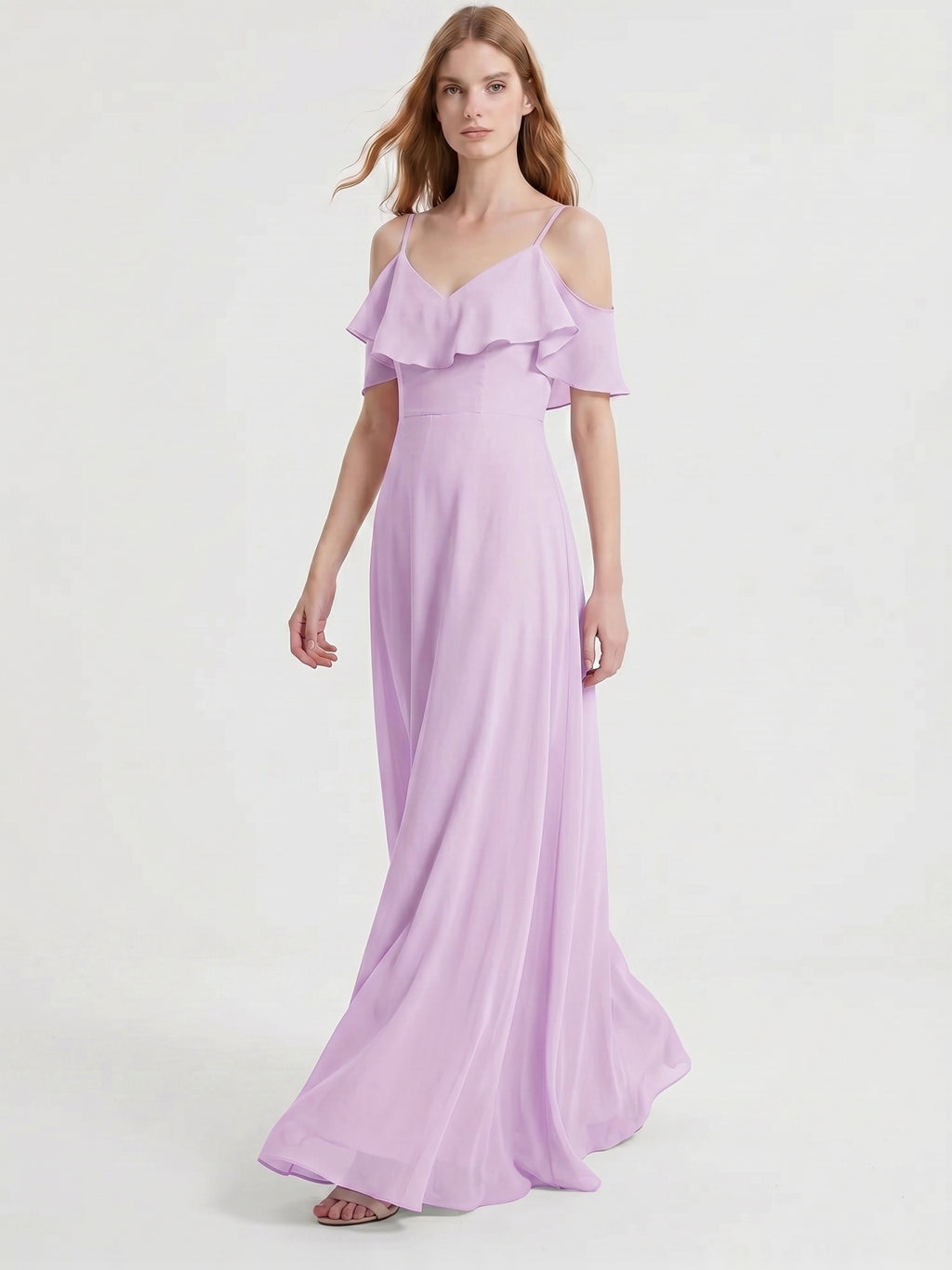 Lilac Chiffon A-Line V-Neck Back Zip Floor-Length Bridesmaid Dress with Pleated Details