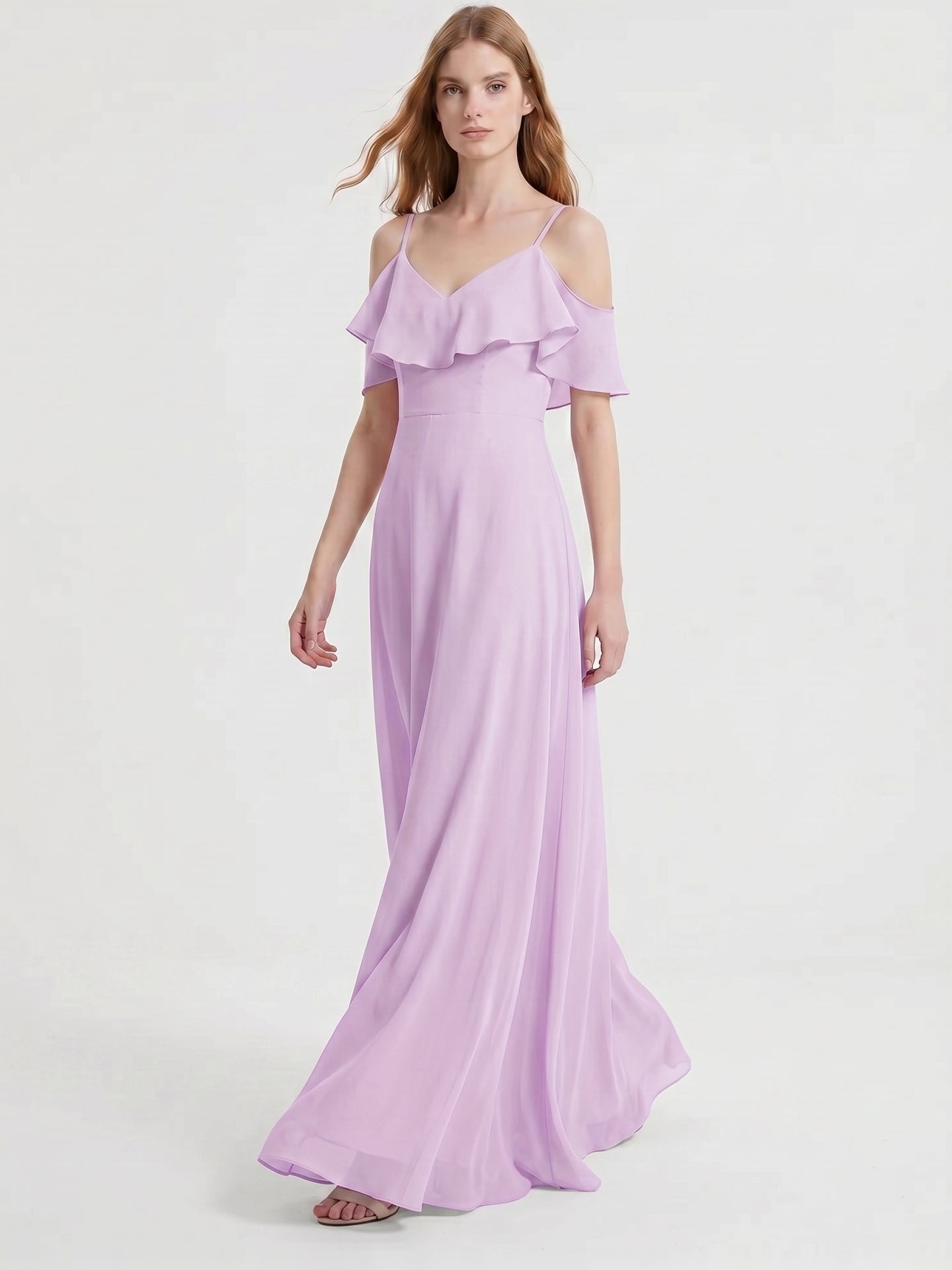 Lilac Chiffon A-Line V-Neck Back Zip Floor-Length Bridesmaid Dress with Pleated Details