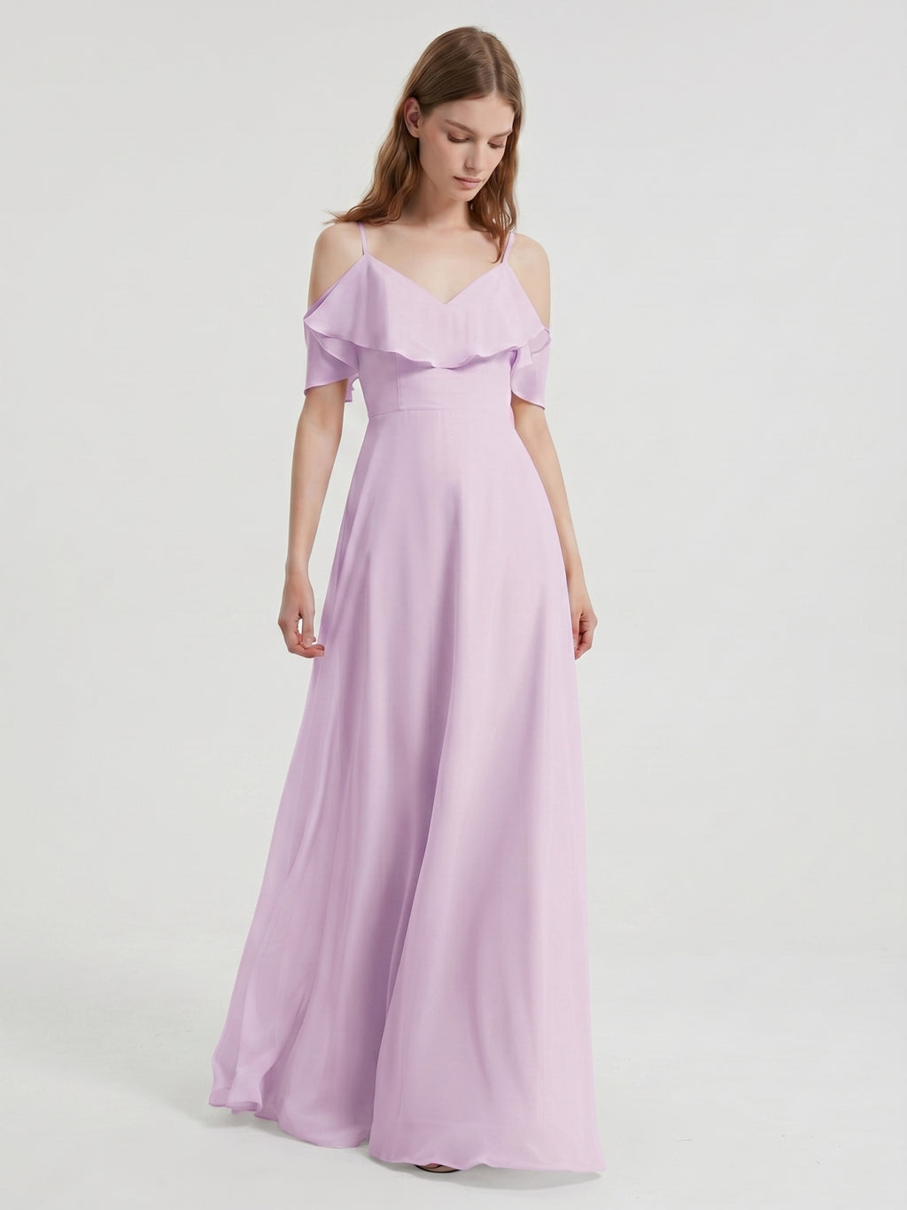 Lilac Chiffon A-Line V-Neck Back Zip Floor-Length Bridesmaid Dress with Pleated Details
