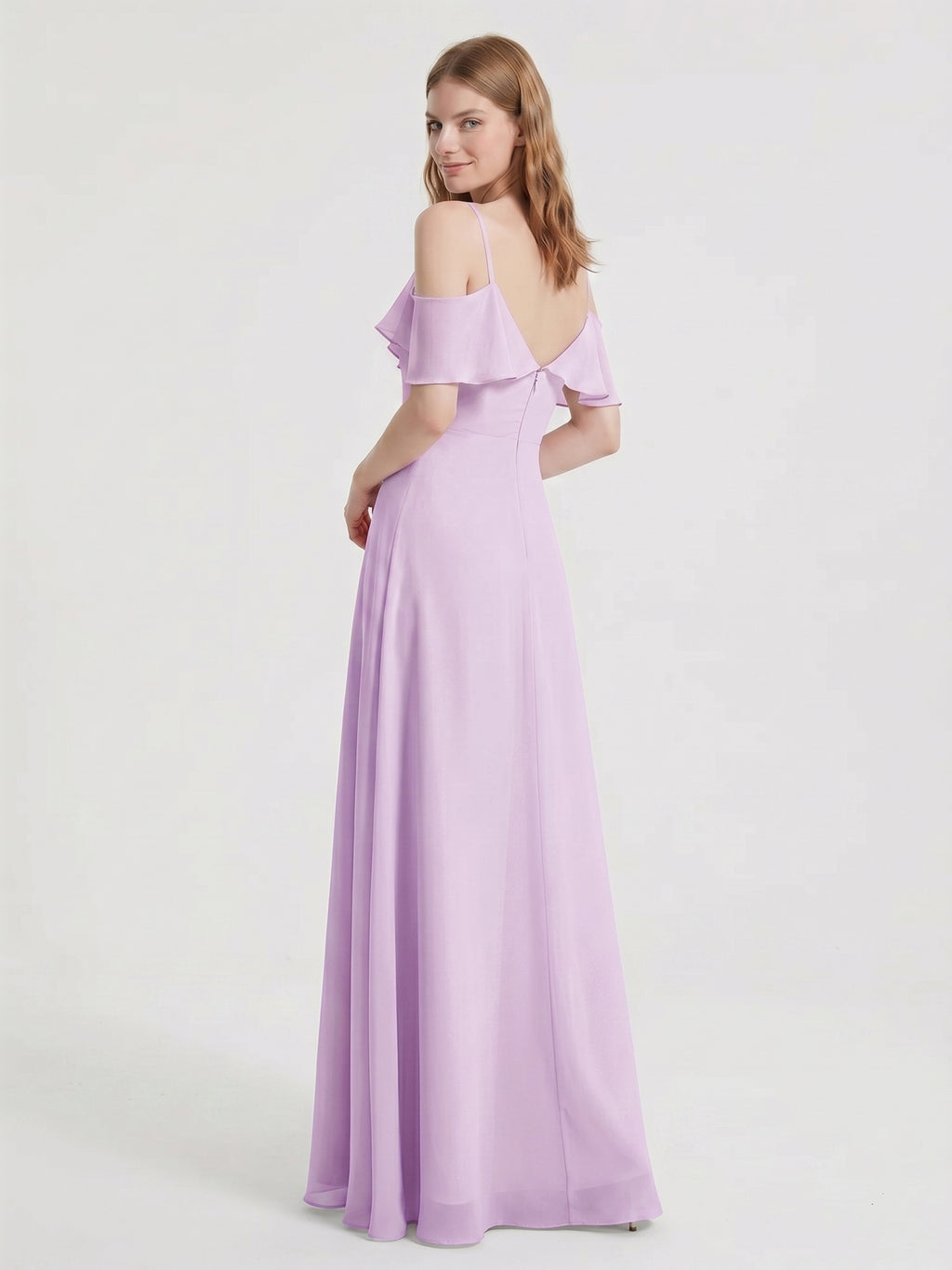 Lilac Chiffon A-Line V-Neck Back Zip Floor-Length Bridesmaid Dress with Pleated Details