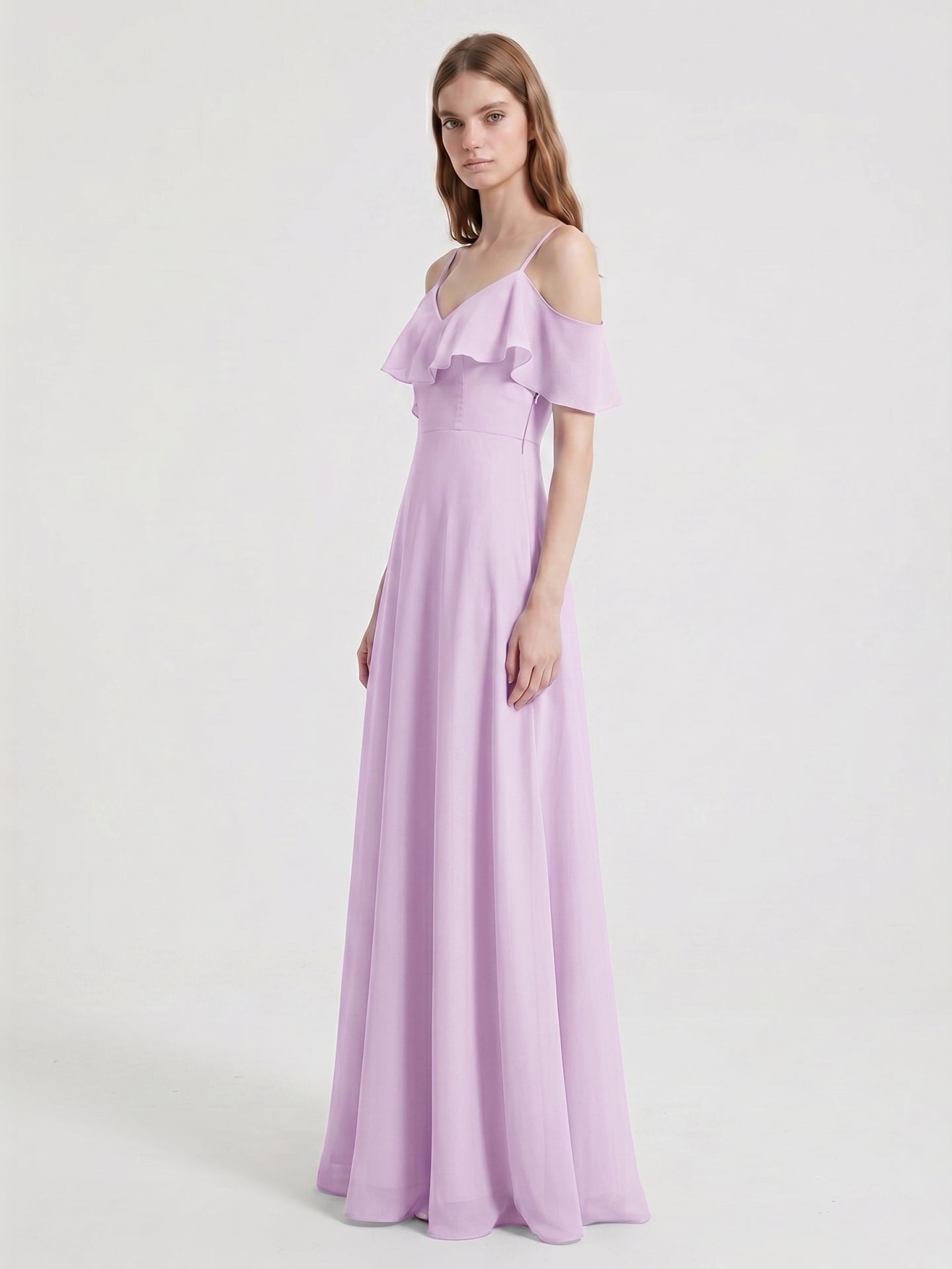 Lilac Chiffon A-Line V-Neck Back Zip Floor-Length Bridesmaid Dress with Pleated Details