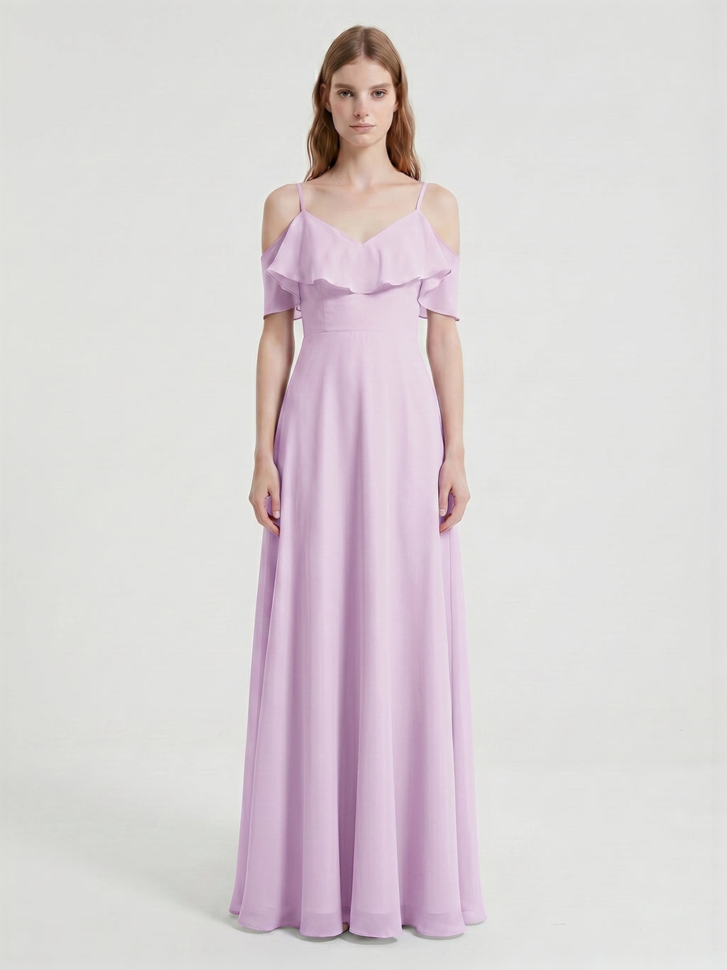 Lilac Chiffon A-Line V-Neck Back Zip Floor-Length Bridesmaid Dress with Pleated Details