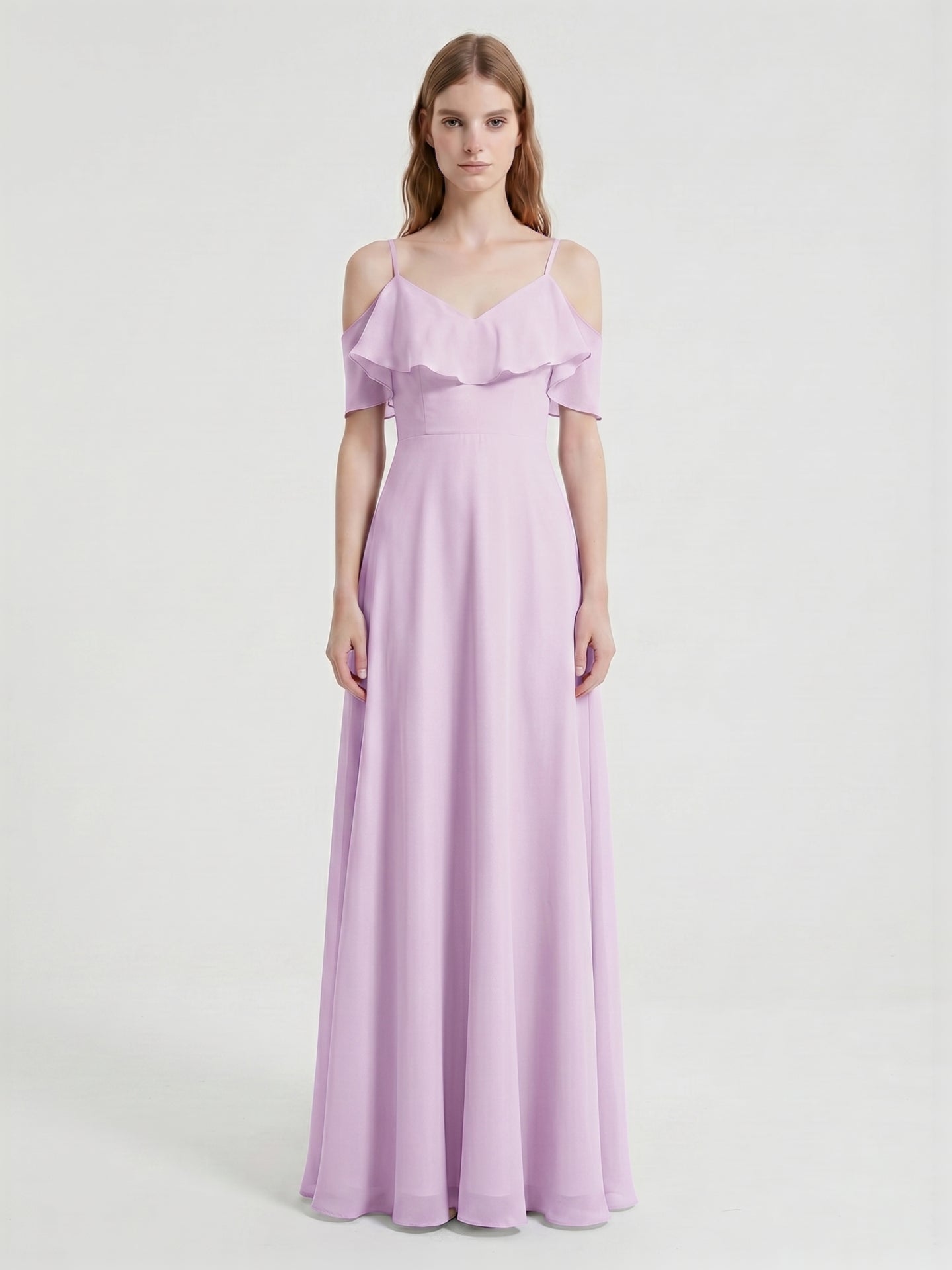 Lilac Chiffon A-Line V-Neck Back Zip Floor-Length Bridesmaid Dress with Pleated Details