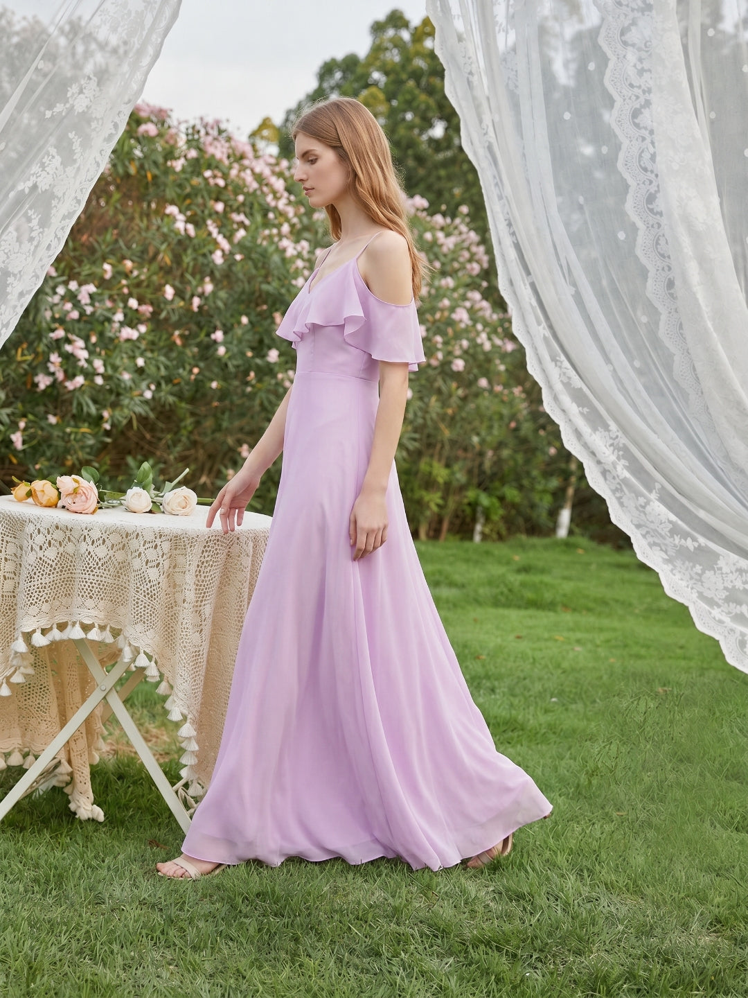 Lilac Chiffon A-Line V-Neck Back Zip Floor-Length Bridesmaid Dress with Pleated Details