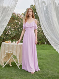 Lilac Chiffon A-Line V-Neck Back Zip Floor-Length Bridesmaid Dress with Pleated Details