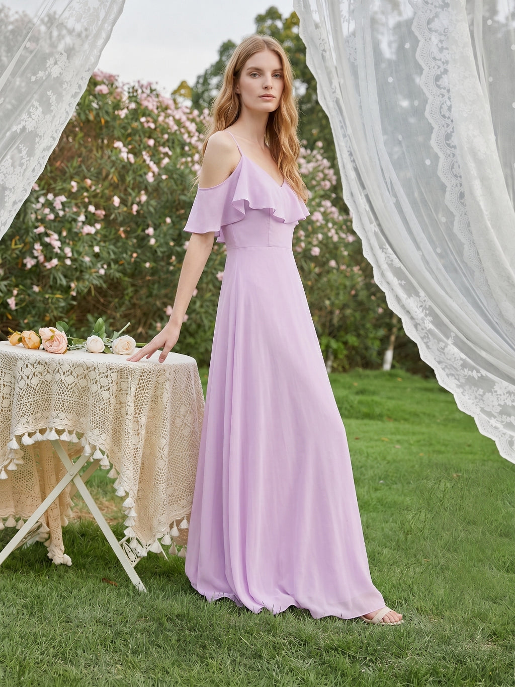 Lilac Chiffon A-Line V-Neck Back Zip Floor-Length Bridesmaid Dress with Pleated Details