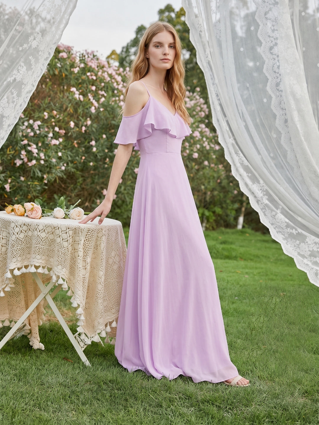 Lilac Chiffon A-Line V-Neck Back Zip Floor-Length Bridesmaid Dress with Pleated Details