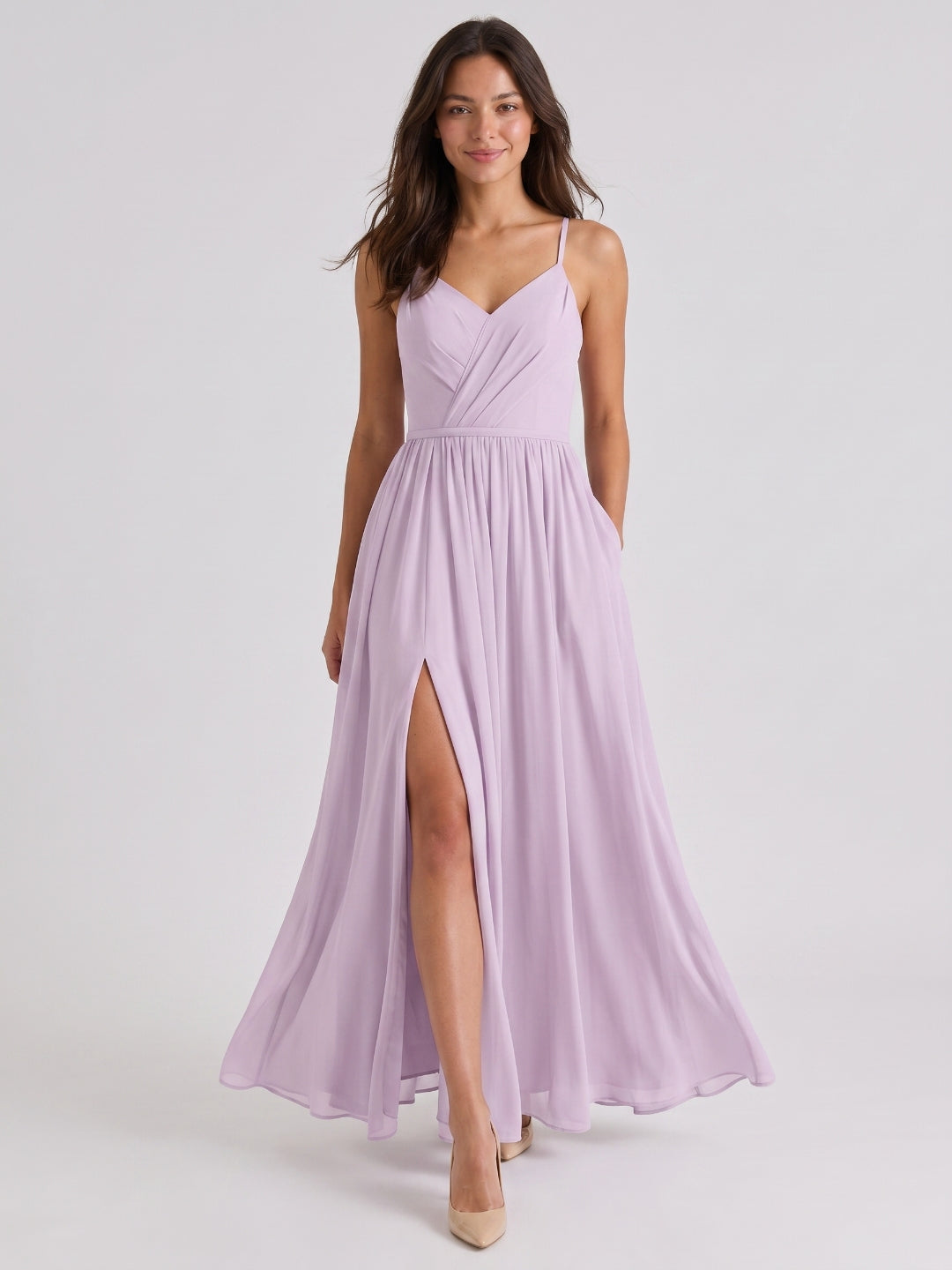 Lilac Chiffon A-Line V-Neck Back Zip Floor-Length Bridesmaid Dress with Pleating