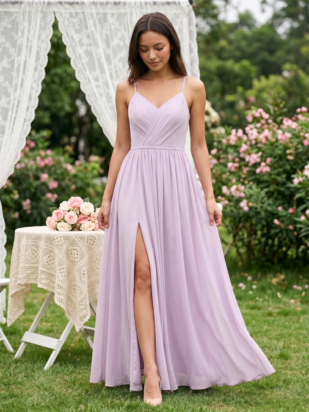 Lilac Chiffon A-Line V-Neck Back Zip Floor-Length Bridesmaid Dress with Pleating