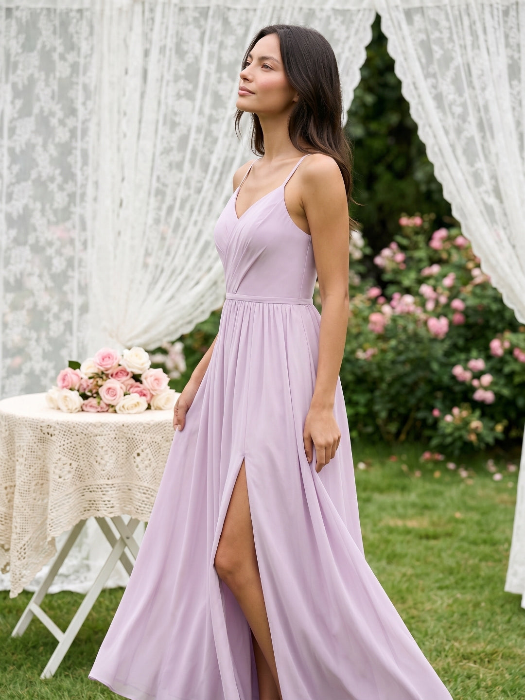 Lilac Chiffon A-Line V-Neck Back Zip Floor-Length Bridesmaid Dress with Pleating