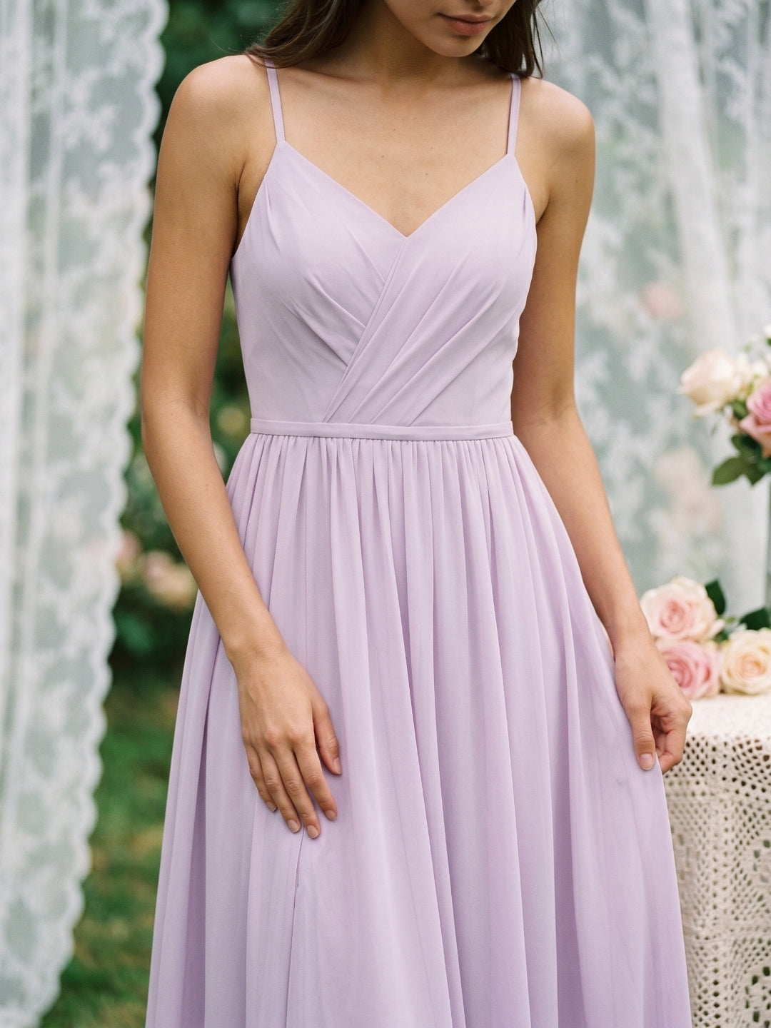 Lilac Chiffon A-Line V-Neck Back Zip Floor-Length Bridesmaid Dress with Pleating