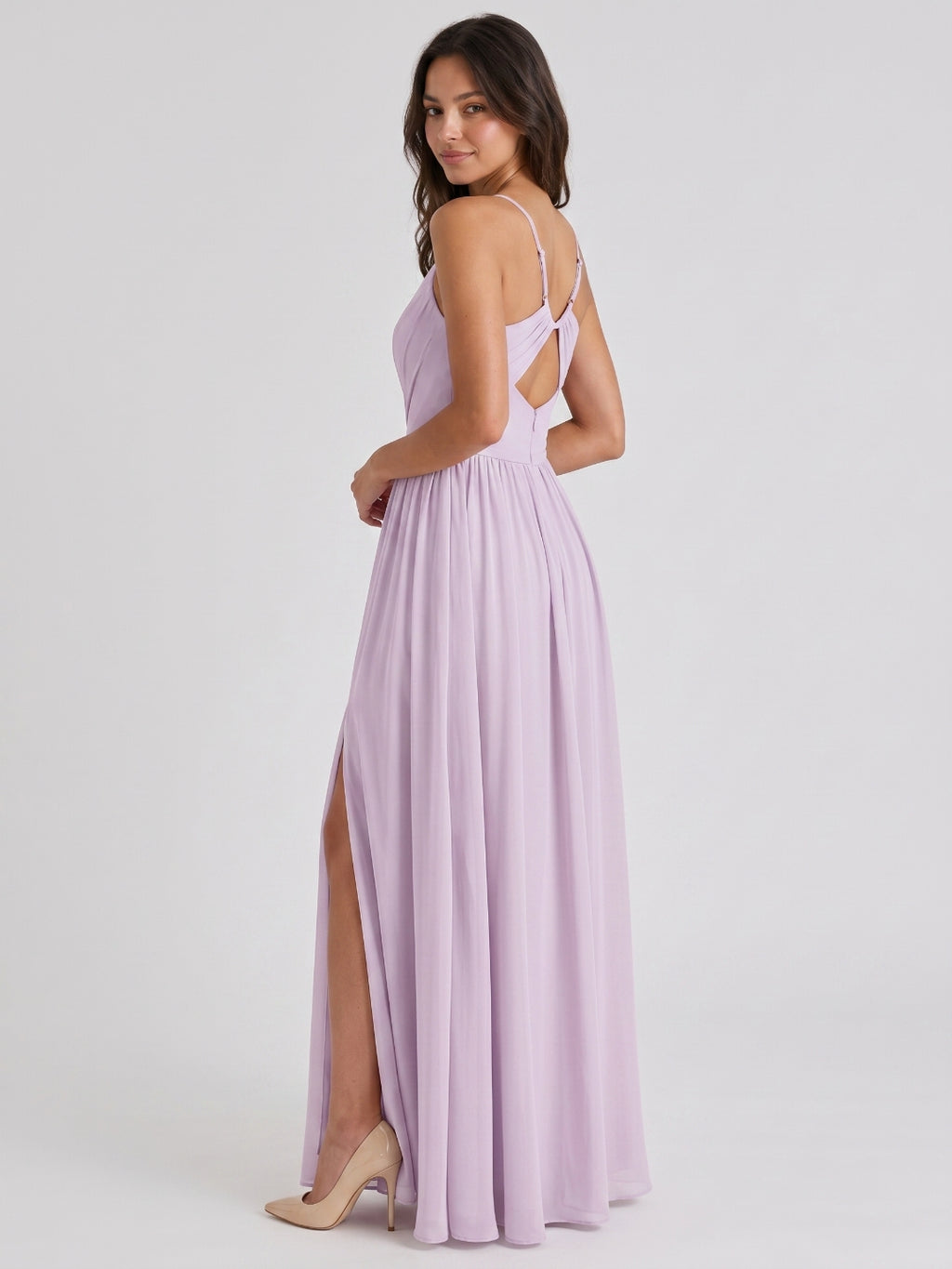 Lilac Chiffon A-Line V-Neck Back Zip Floor-Length Bridesmaid Dress with Pleating