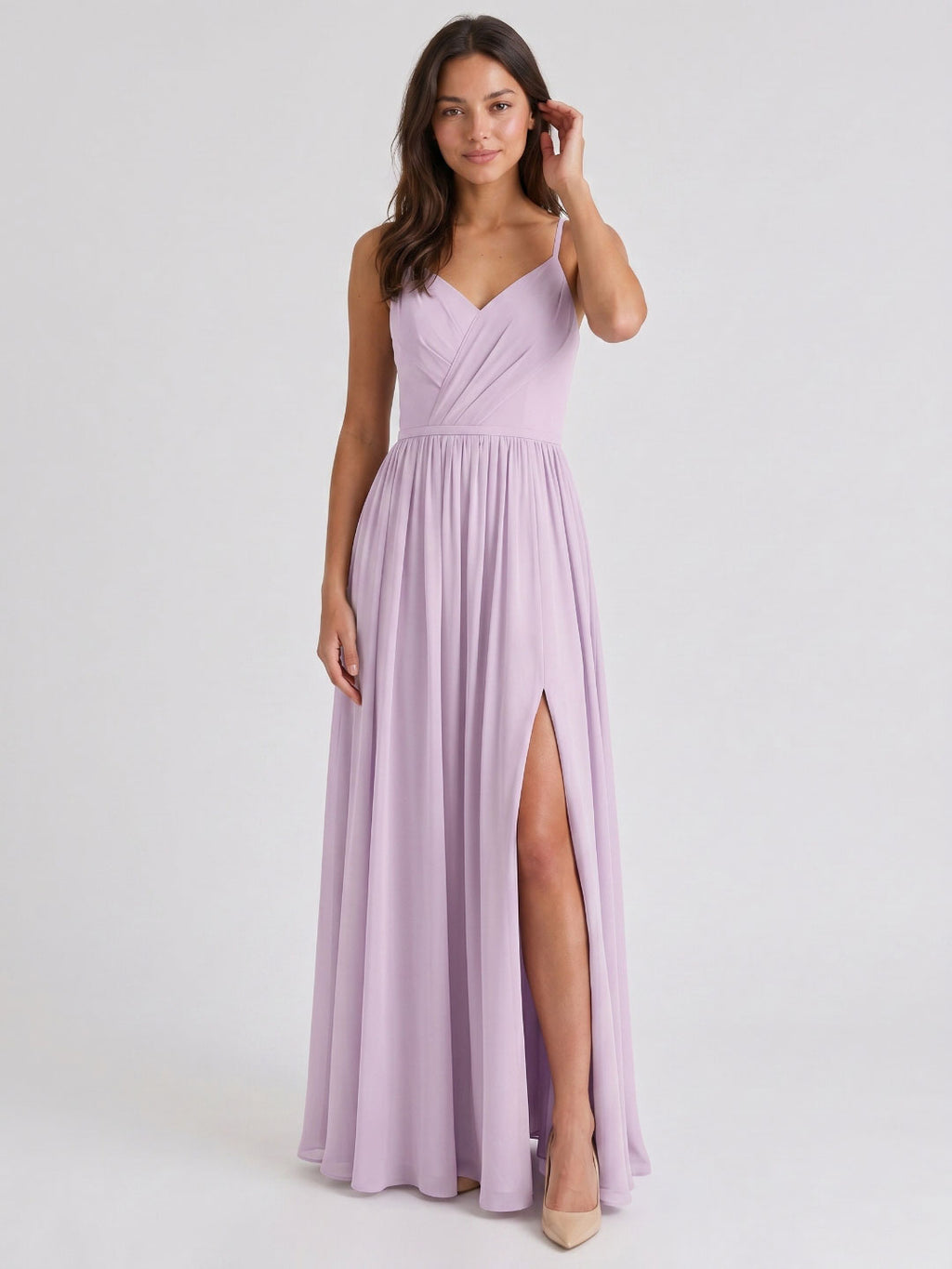 Lilac Chiffon A-Line V-Neck Back Zip Floor-Length Bridesmaid Dress with Pleating