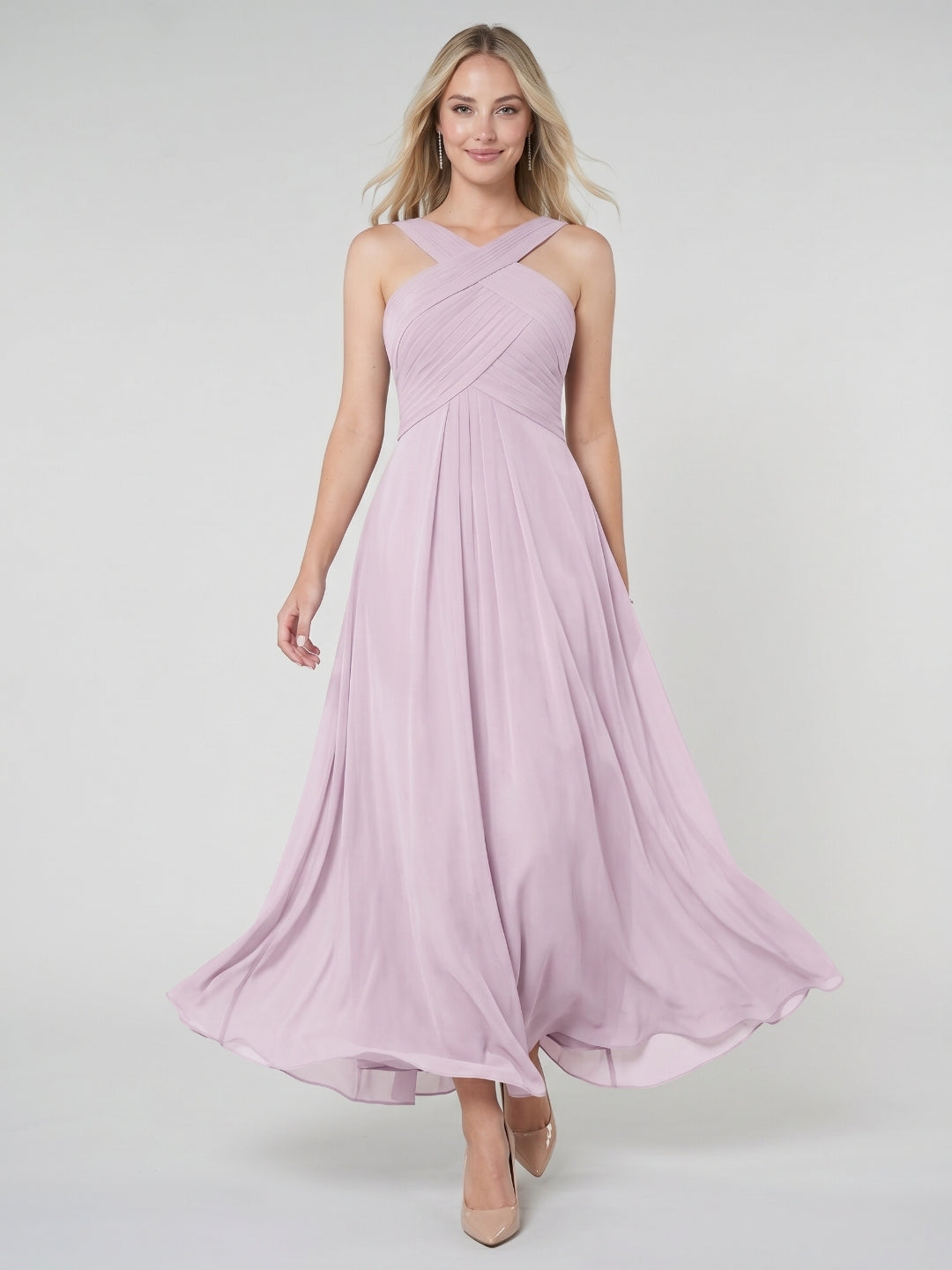Lilac Chiffon A-Line V-Neck Backless Floor-Length Bridesmaid Dress with Pleating