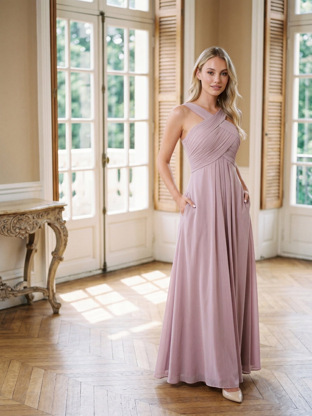Lilac Chiffon A-Line V-Neck Backless Floor-Length Bridesmaid Dress with Pleating