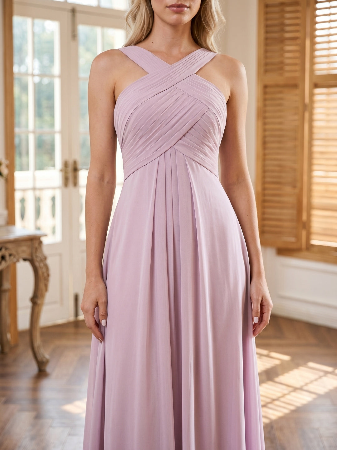 Lilac Chiffon A-Line V-Neck Backless Floor-Length Bridesmaid Dress with Pleating