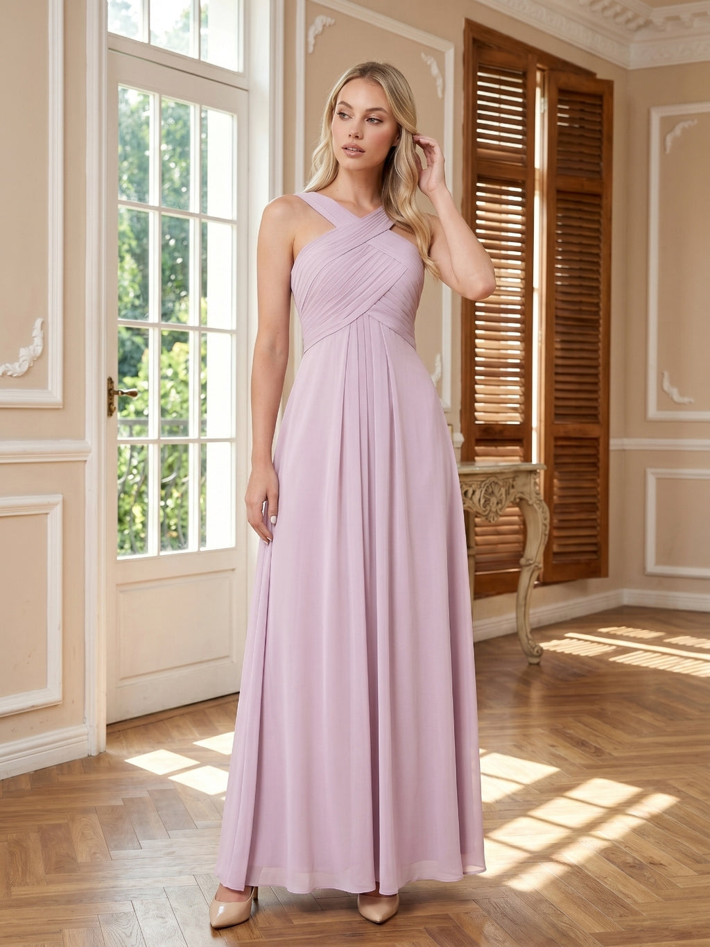 Lilac Chiffon A-Line V-Neck Backless Floor-Length Bridesmaid Dress with Pleating