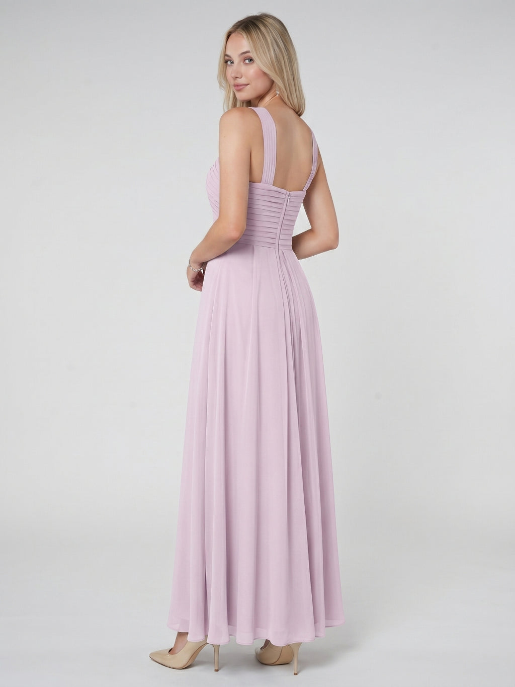Lilac Chiffon A-Line V-Neck Backless Floor-Length Bridesmaid Dress with Pleating