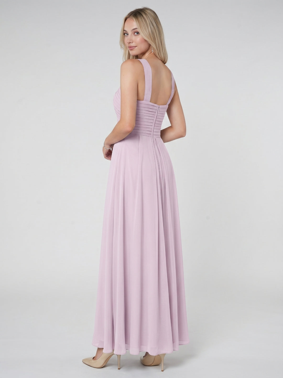 Lilac Chiffon A-Line V-Neck Backless Floor-Length Bridesmaid Dress with Pleating