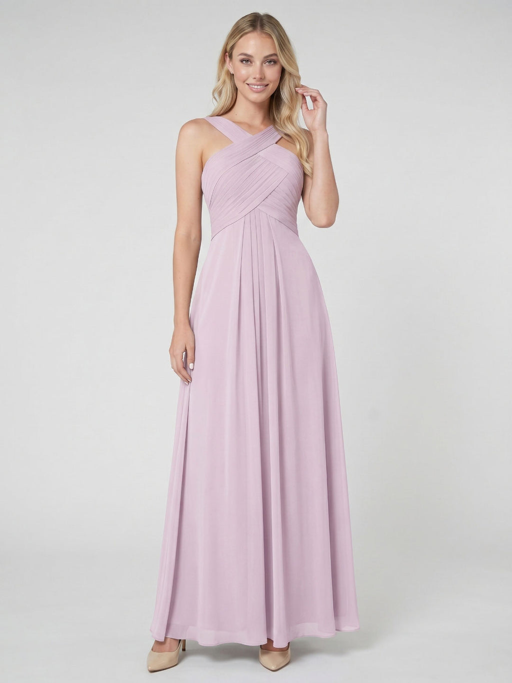 Lilac Chiffon A-Line V-Neck Backless Floor-Length Bridesmaid Dress with Pleating