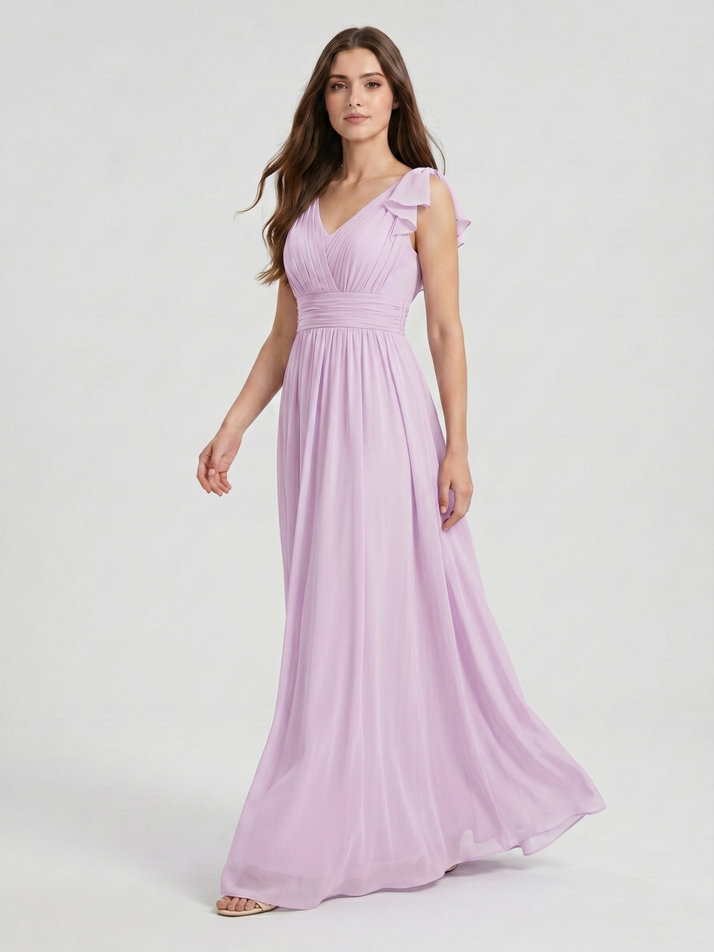 Lilac Chiffon A-Line V-Neck V-Back Floor-Length Bridesmaid Dress with Bow