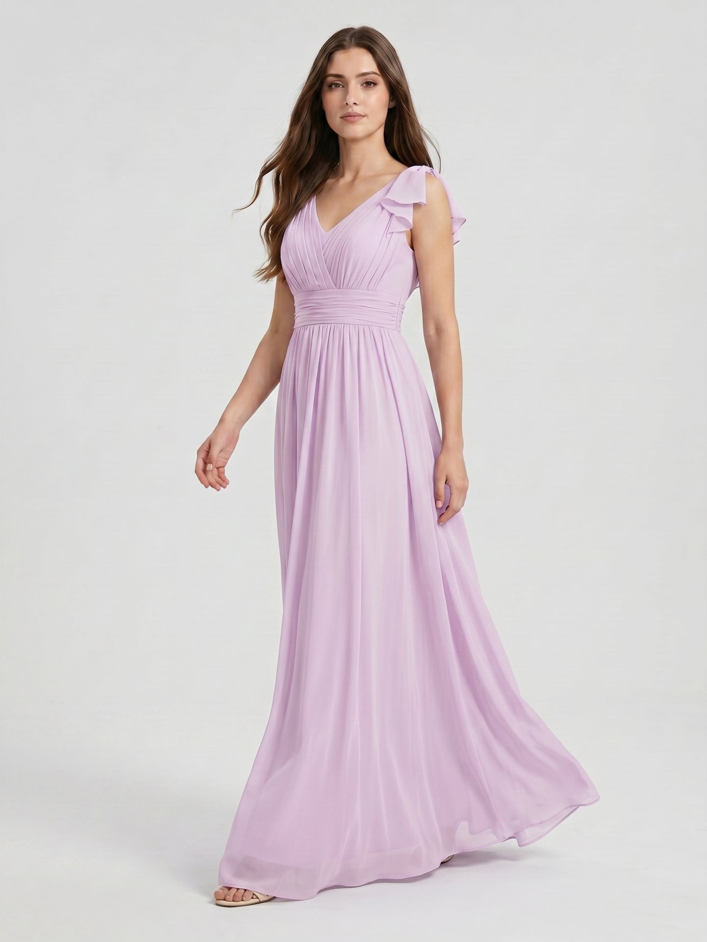 Lilac Chiffon A-Line V-Neck V-Back Floor-Length Bridesmaid Dress with Bow