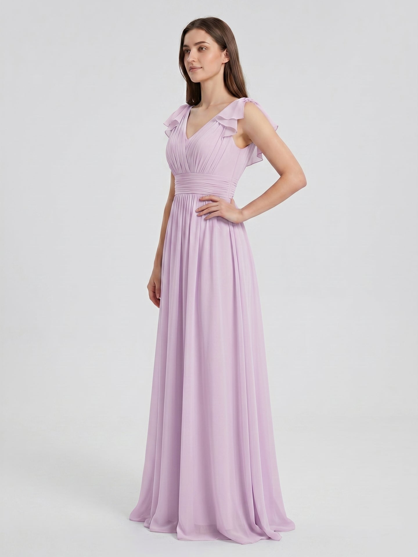 Lilac Chiffon A-Line V-Neck V-Back Floor-Length Bridesmaid Dress with Bow