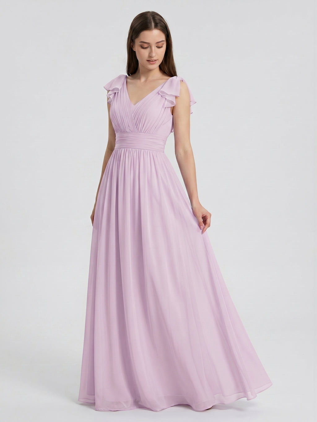 Lilac Chiffon A-Line V-Neck V-Back Floor-Length Bridesmaid Dress with Bow