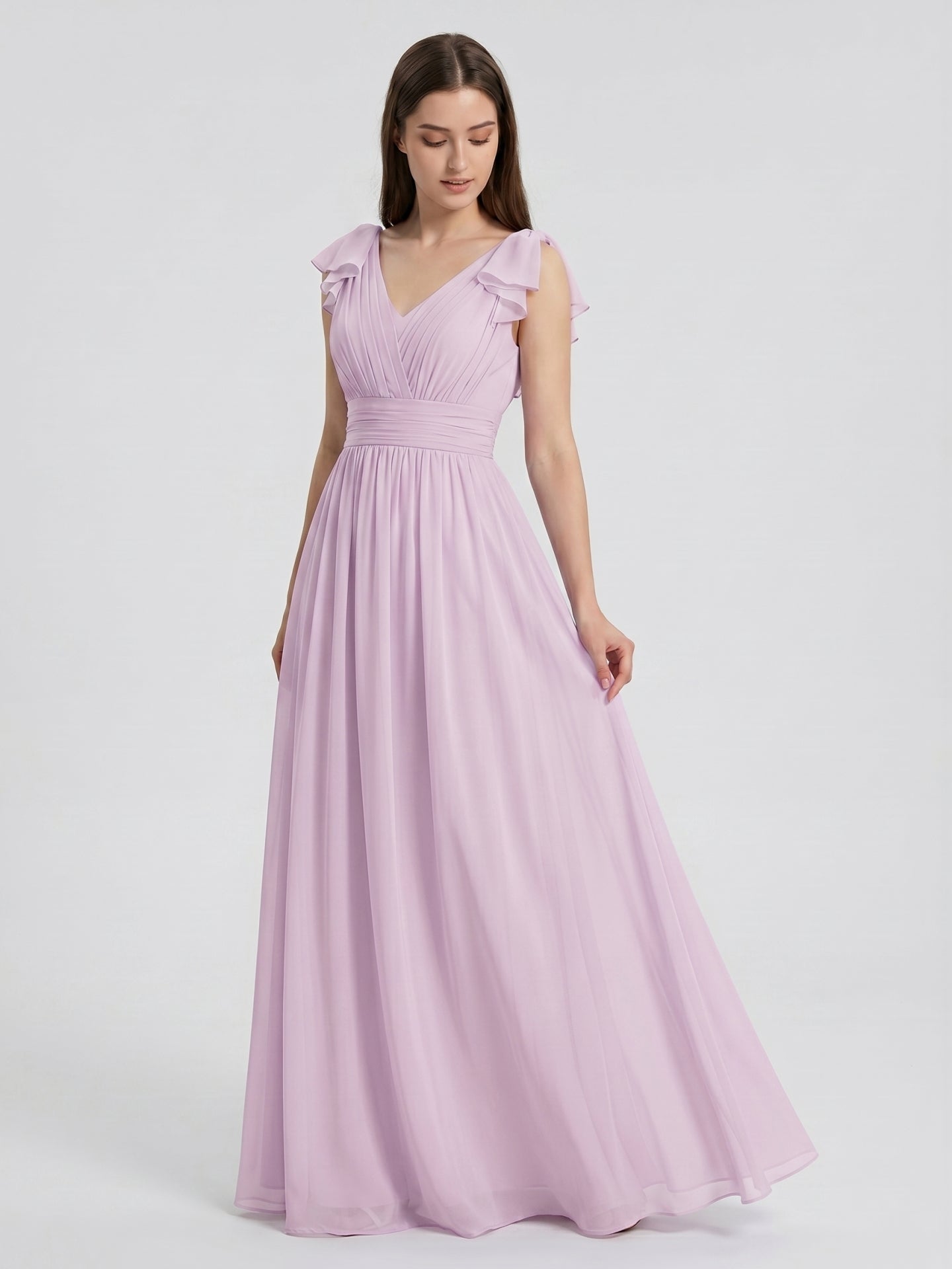 Lilac Chiffon A-Line V-Neck V-Back Floor-Length Bridesmaid Dress with Bow