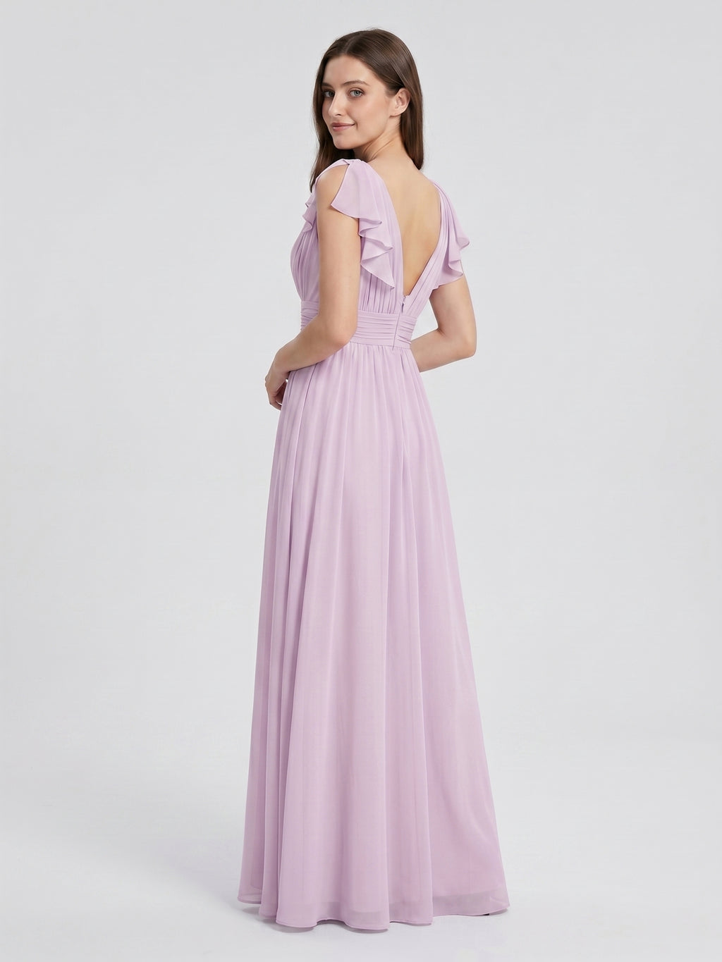 Lilac Chiffon A-Line V-Neck V-Back Floor-Length Bridesmaid Dress with Bow