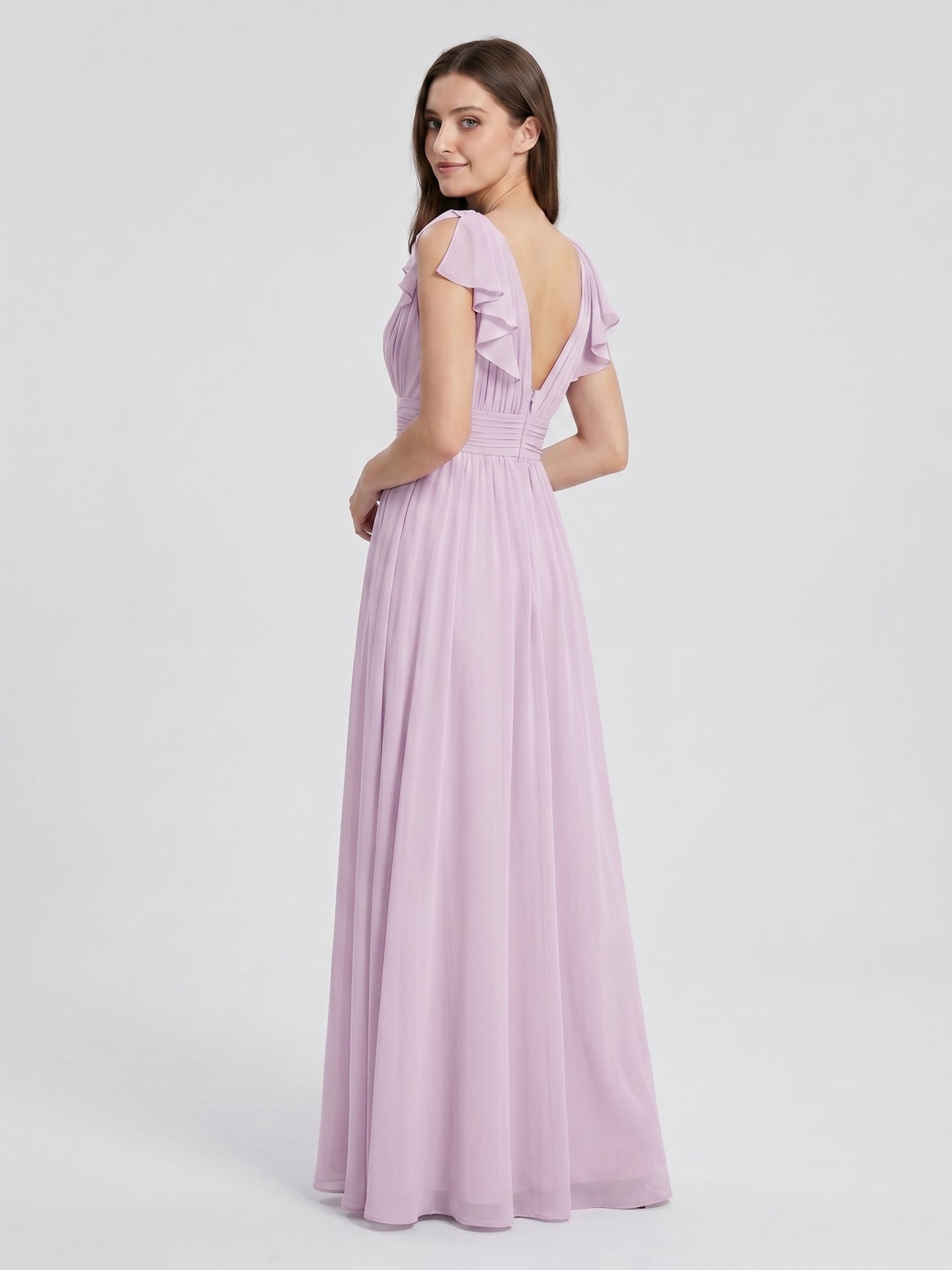 Lilac Chiffon A-Line V-Neck V-Back Floor-Length Bridesmaid Dress with Bow