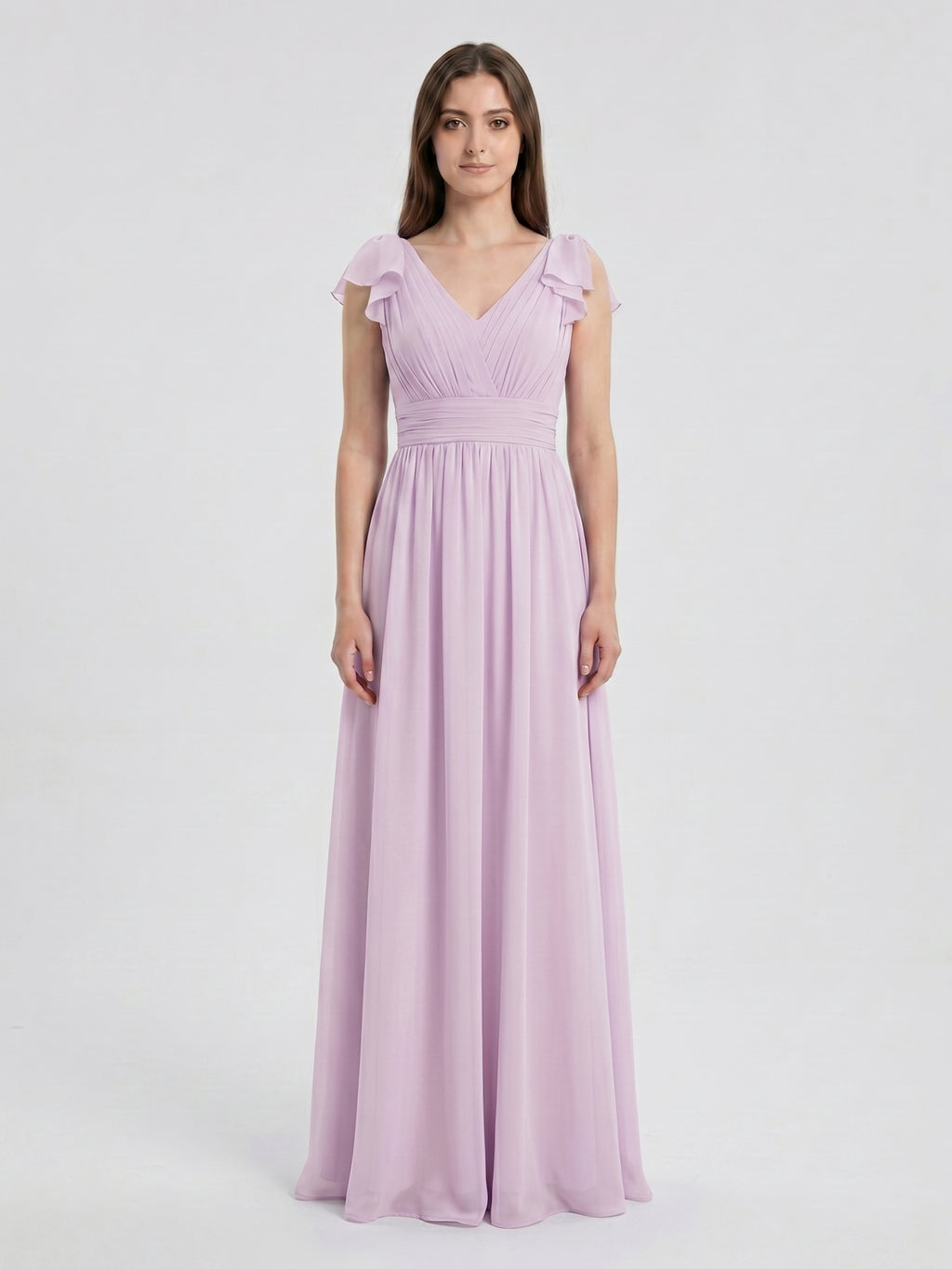 Lilac Chiffon A-Line V-Neck V-Back Floor-Length Bridesmaid Dress with Bow