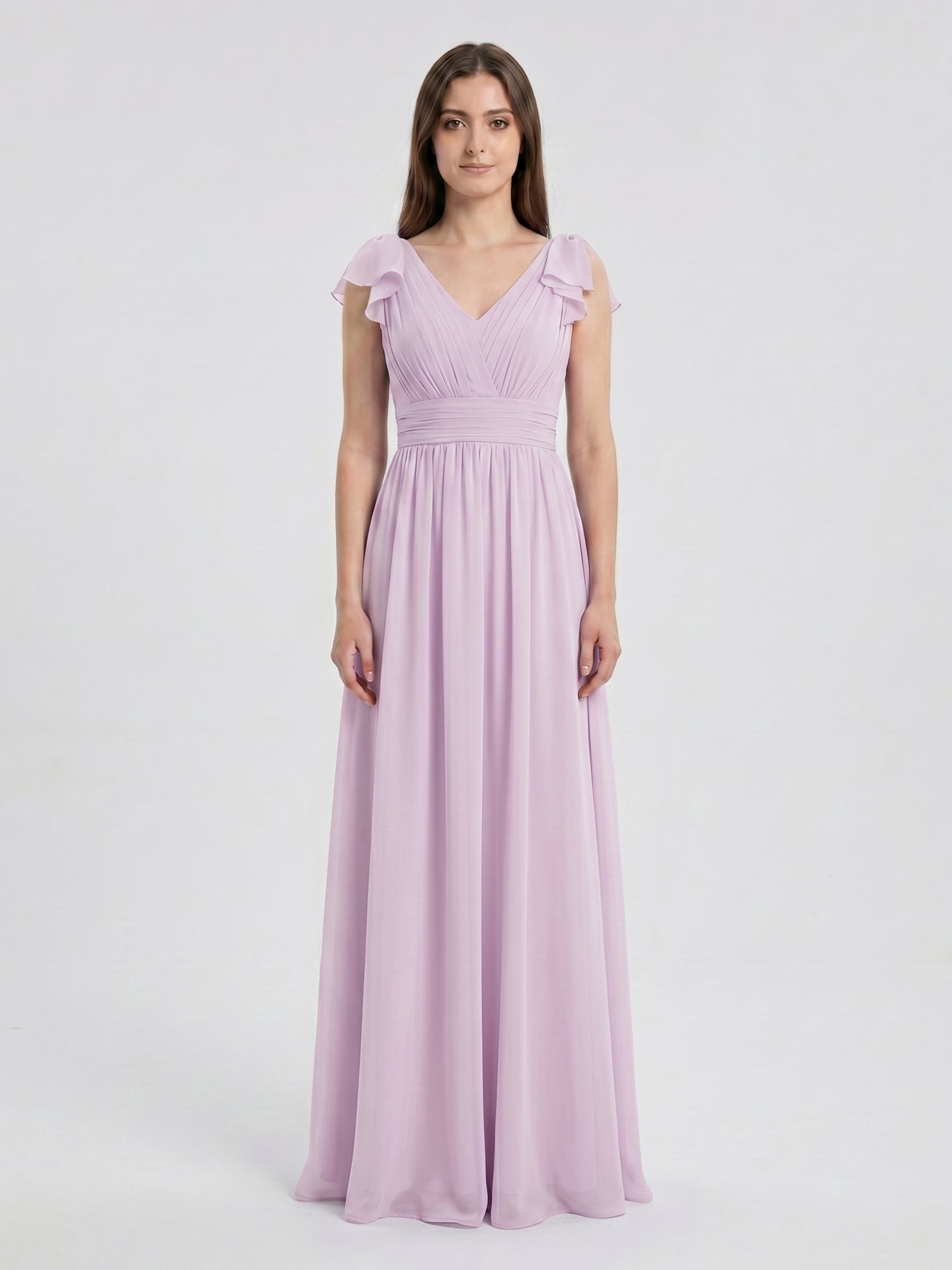 Lilac Chiffon A-Line V-Neck V-Back Floor-Length Bridesmaid Dress with Bow