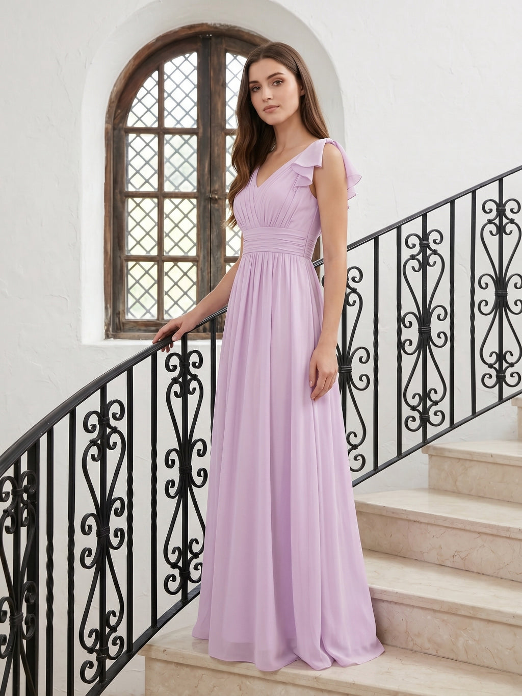 Lilac Chiffon A-Line V-Neck V-Back Floor-Length Bridesmaid Dress with Bow