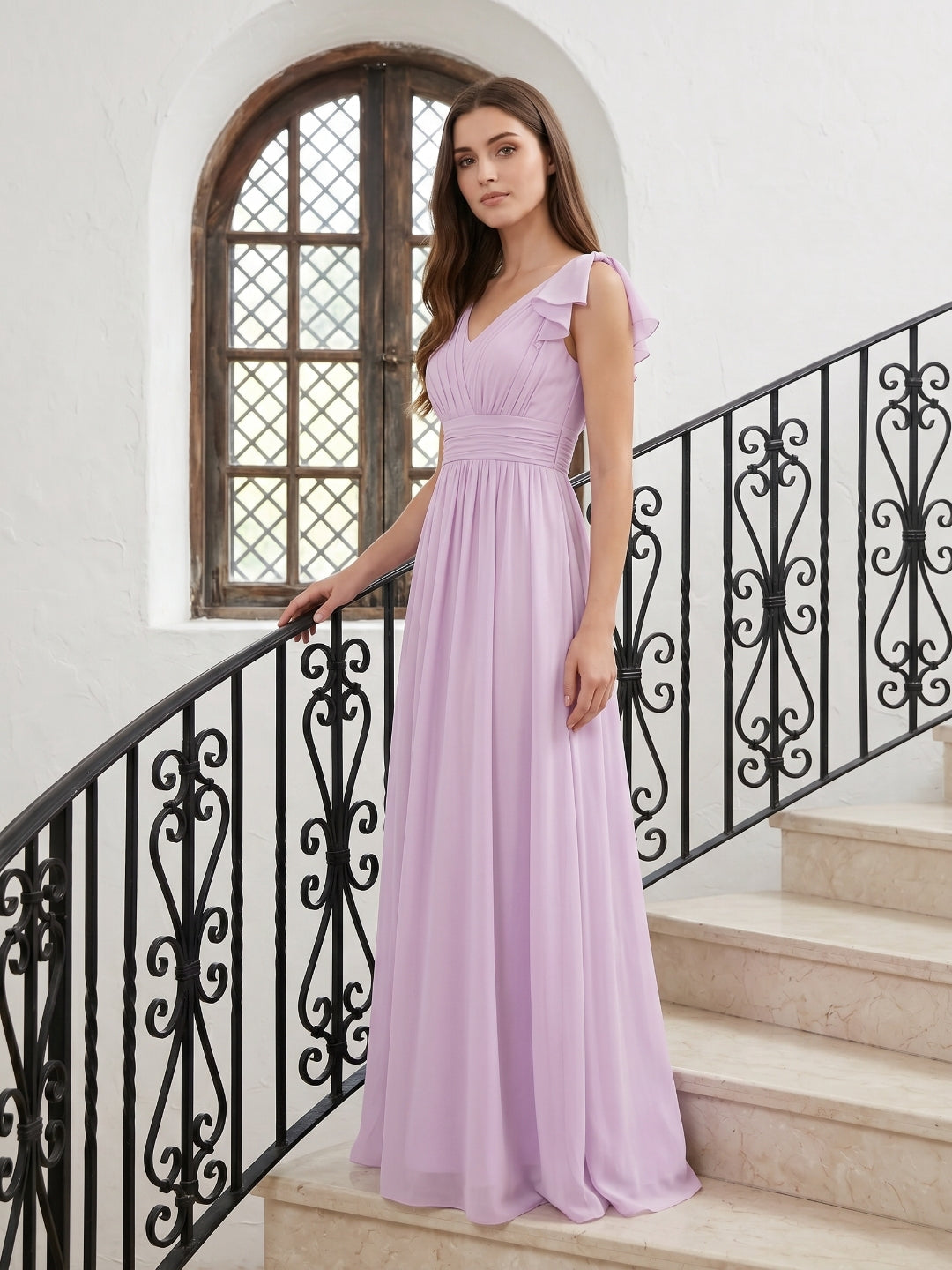 Lilac Chiffon A-Line V-Neck V-Back Floor-Length Bridesmaid Dress with Bow