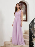 Lilac Chiffon A-Line V-Neck V-Back Floor-Length Bridesmaid Dress with Bow