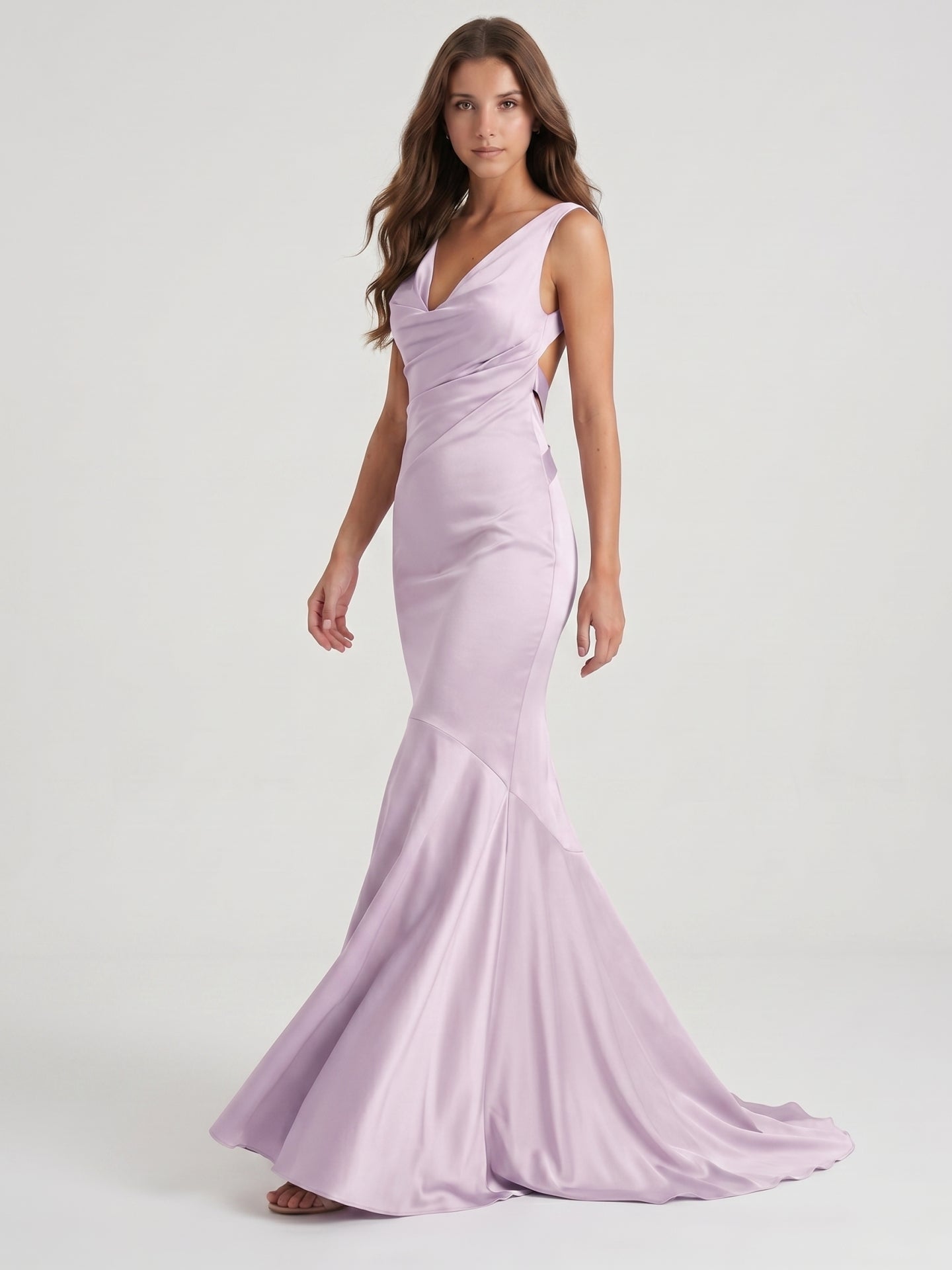 Lilac Matte Satin Mermaid Cowl Neck Backless Floor-Length Bridesmaid Dress